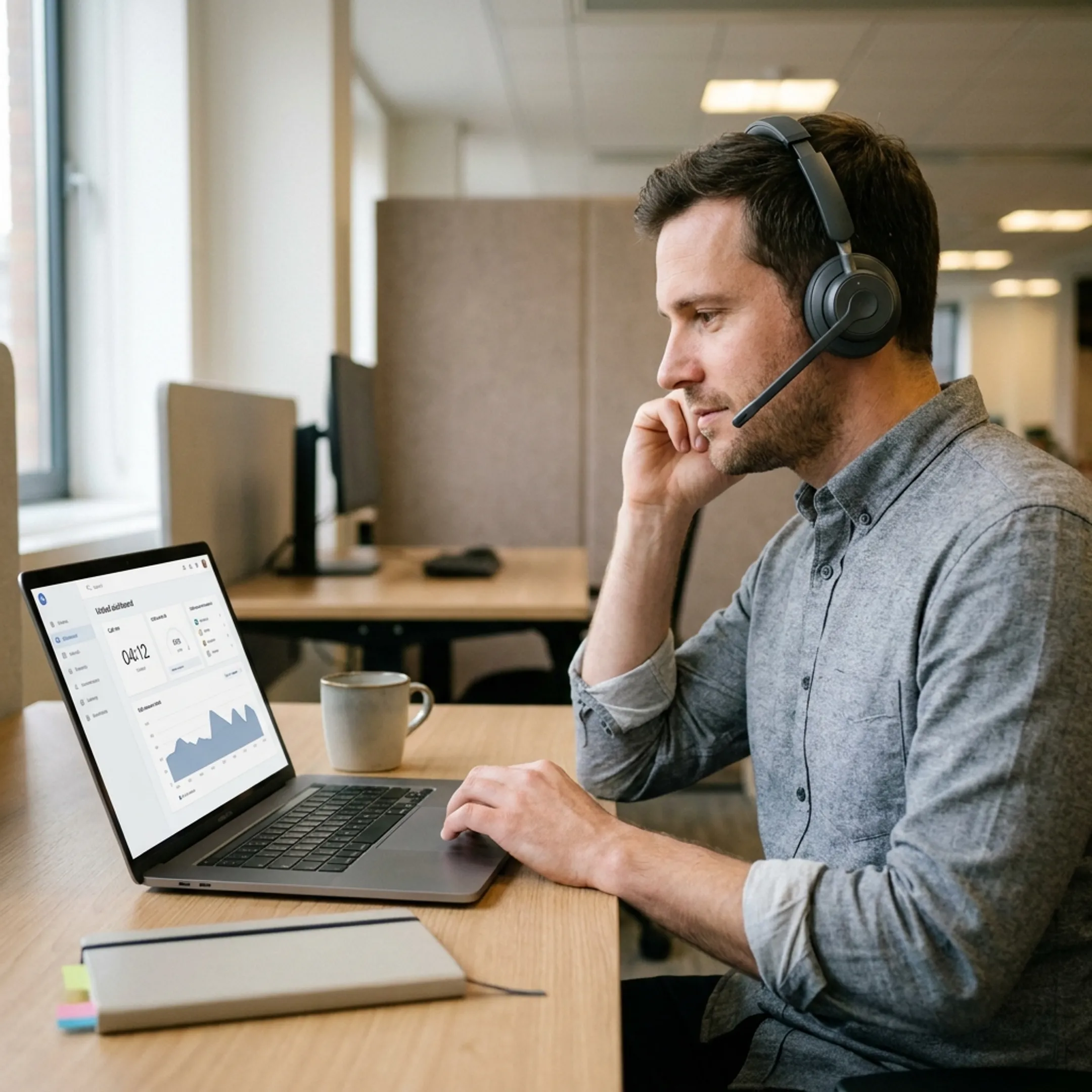 Business professional communicating via unified communications headset in a modern office.