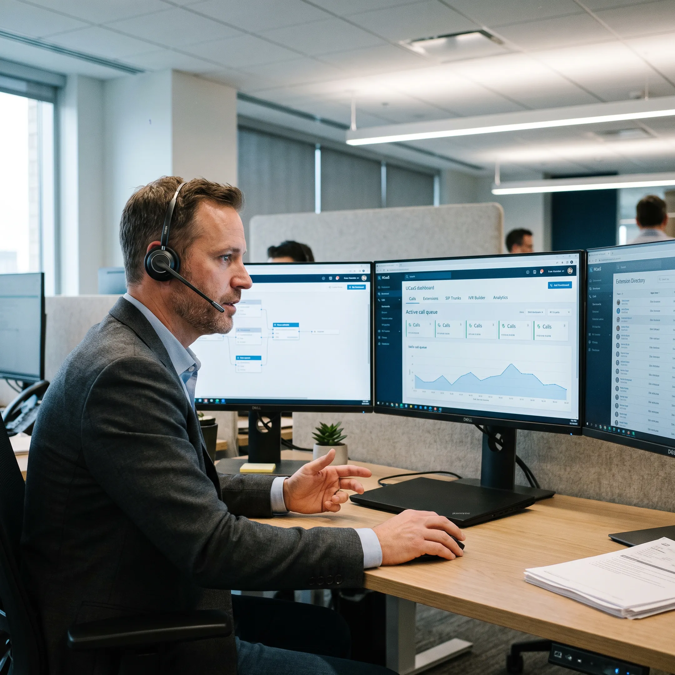Business professional communicating with clients using a cloud-hosted VoIP phone system.