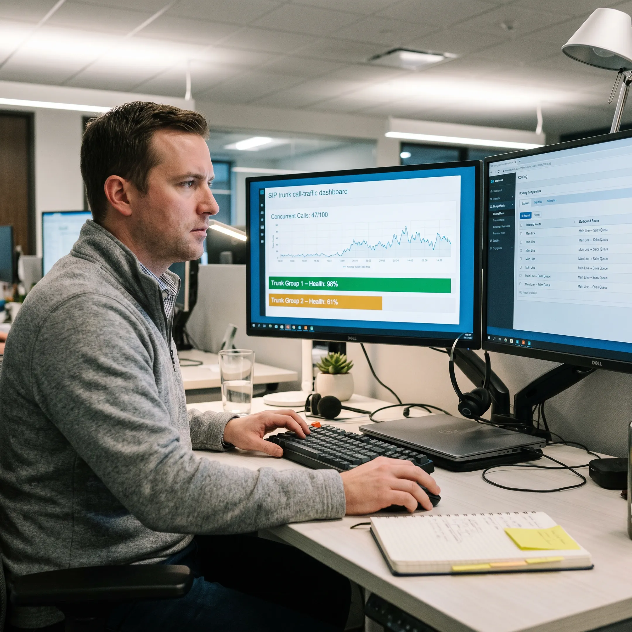 Technician reviewing SIP trunk call manager routing dashboard