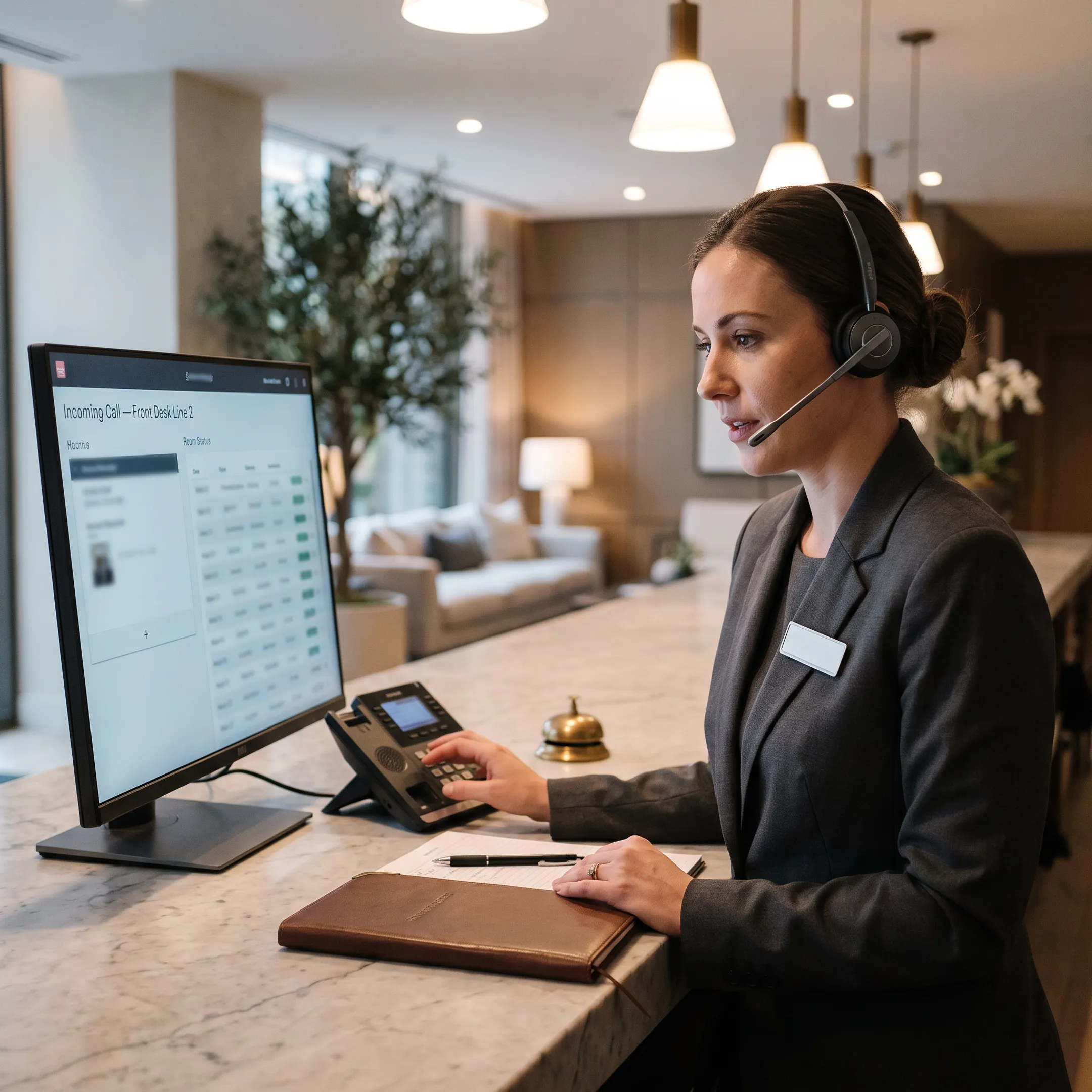 Hotel staff using cloud VoIP telephone at the concierge desk