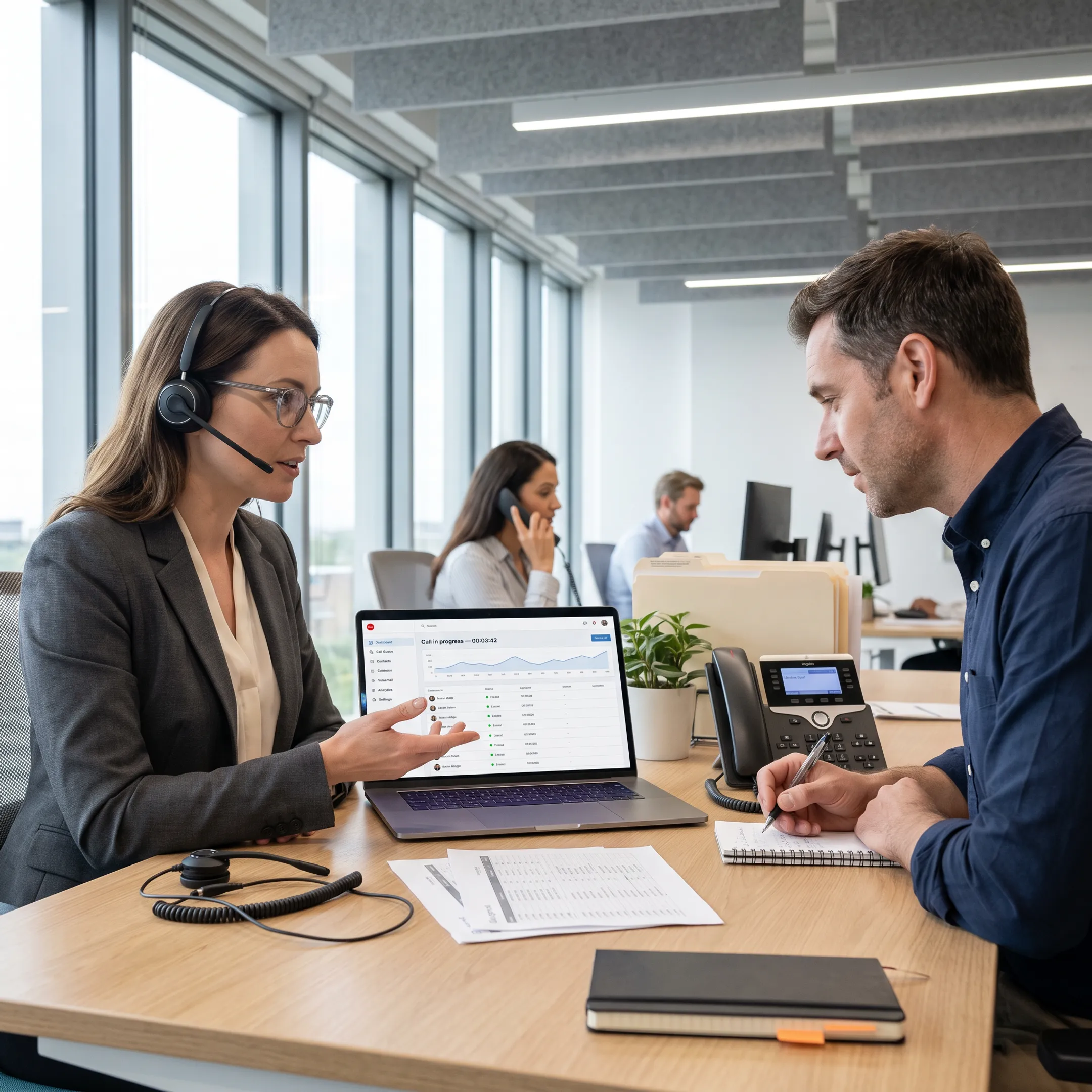 Professional team using cloud hosted voice communication tools