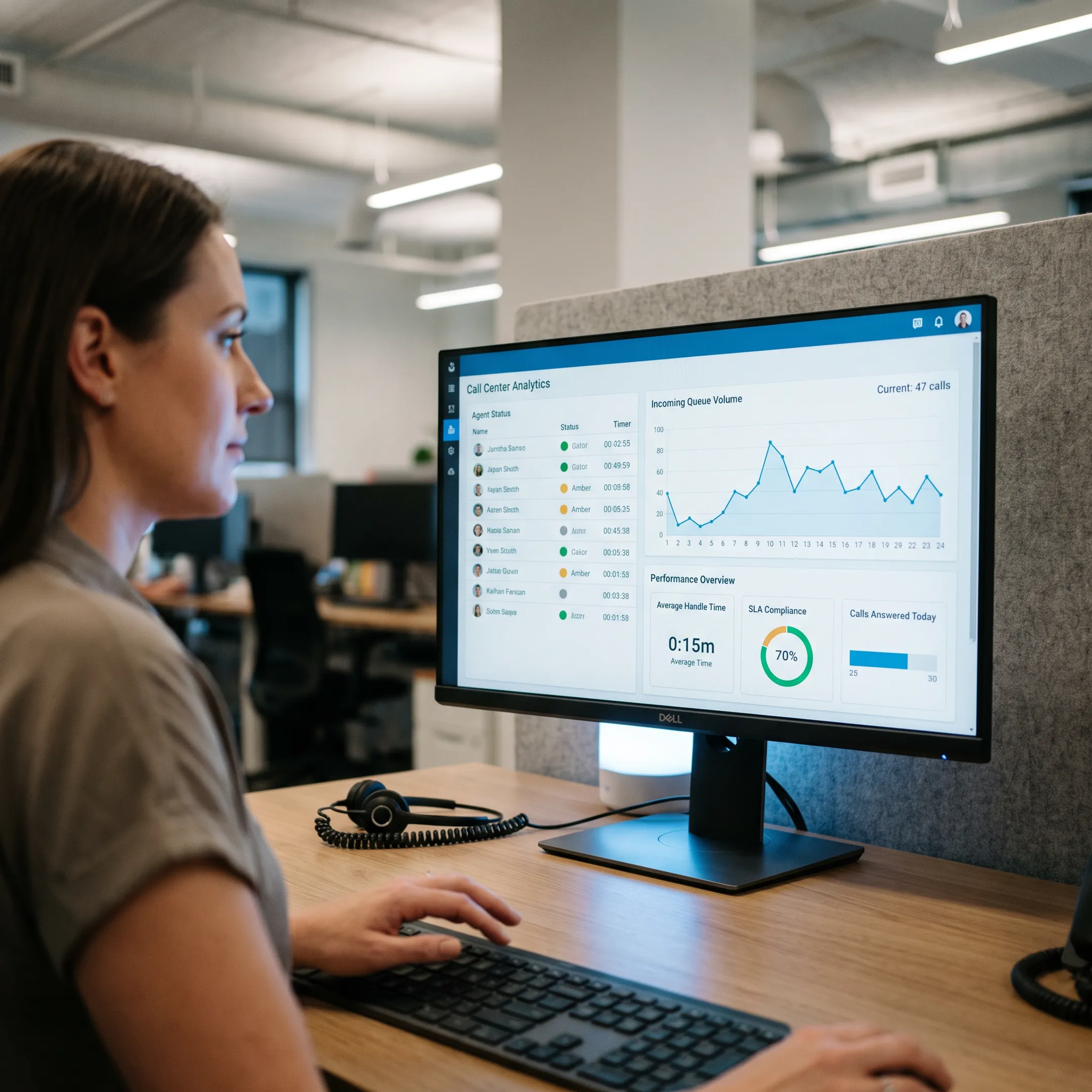 Analytics dashboard displaying virtual call center call routing and queue metrics