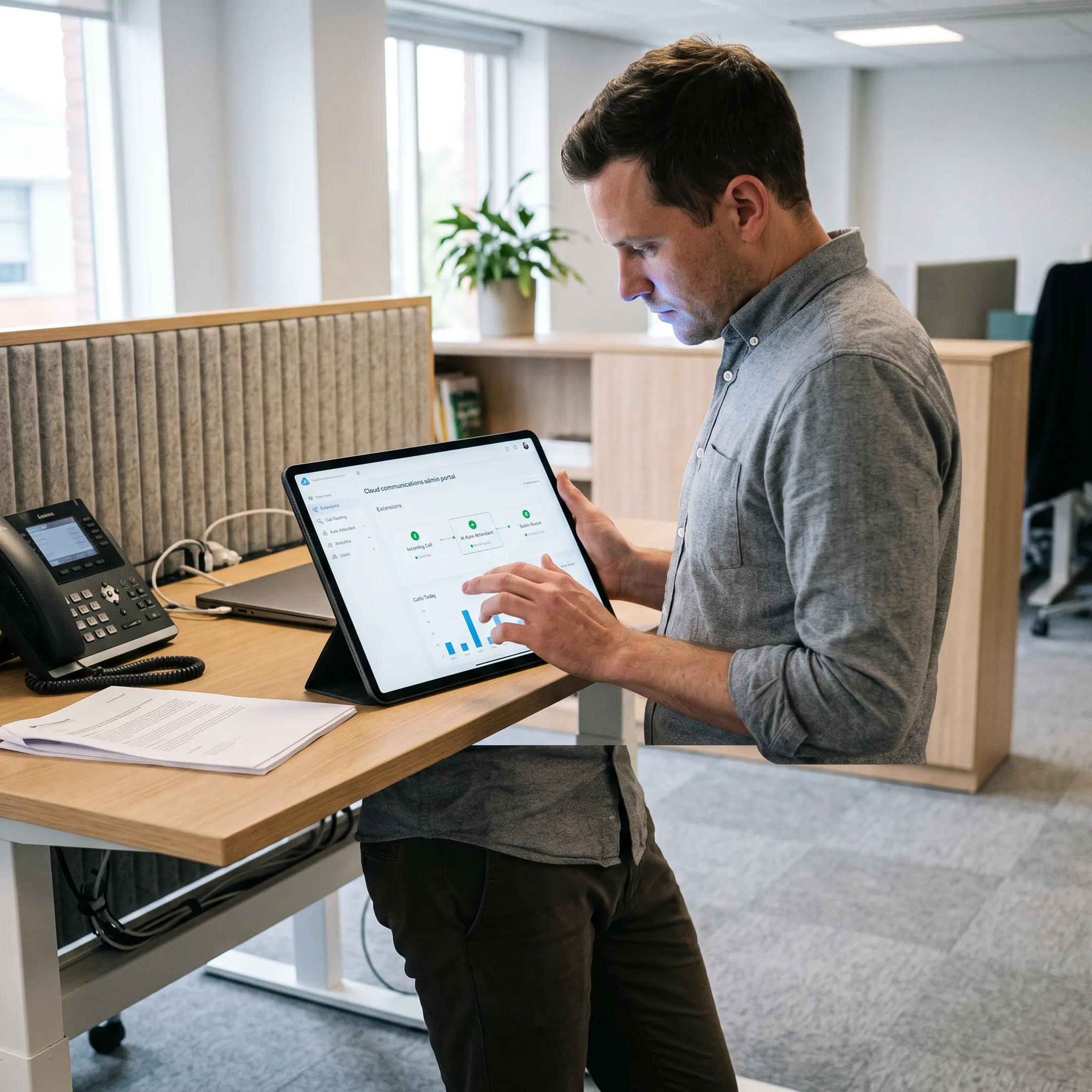 Corporate communications specialist reviewing business VoIP network infrastructure on a tablet.