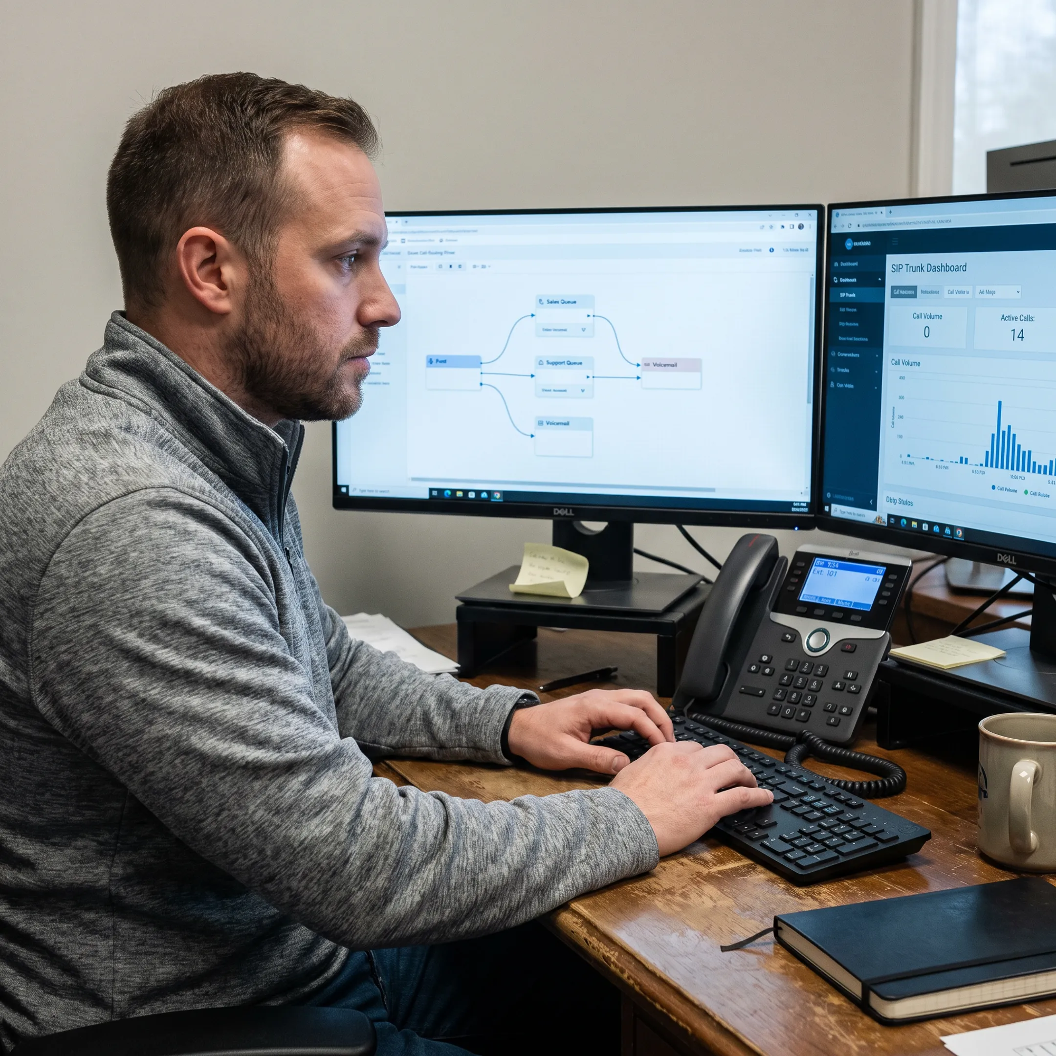 Technician reviewing cloud telecommunications dashboard
