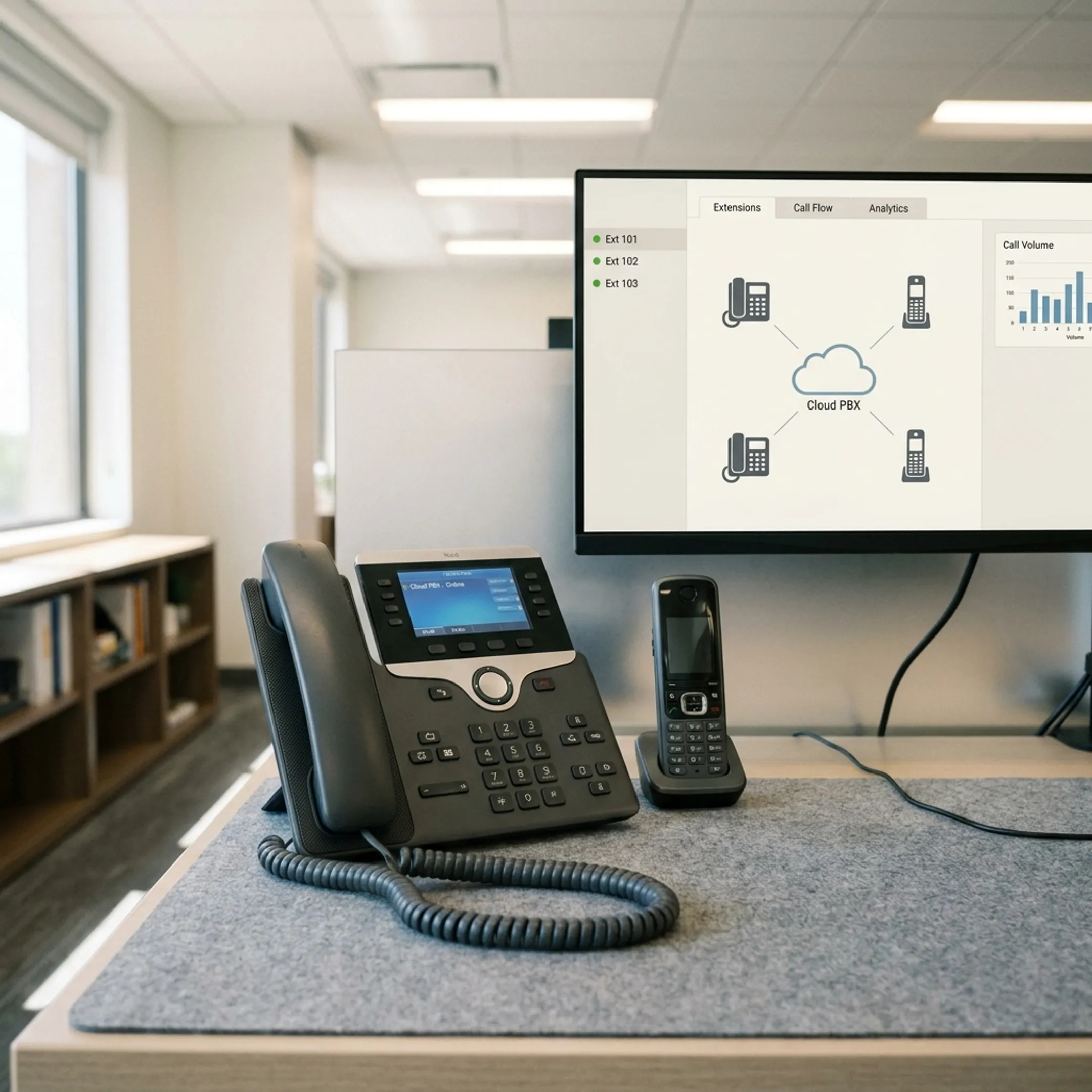 Enterprise cloud VoIP communication platform diagram and active business phone hardware