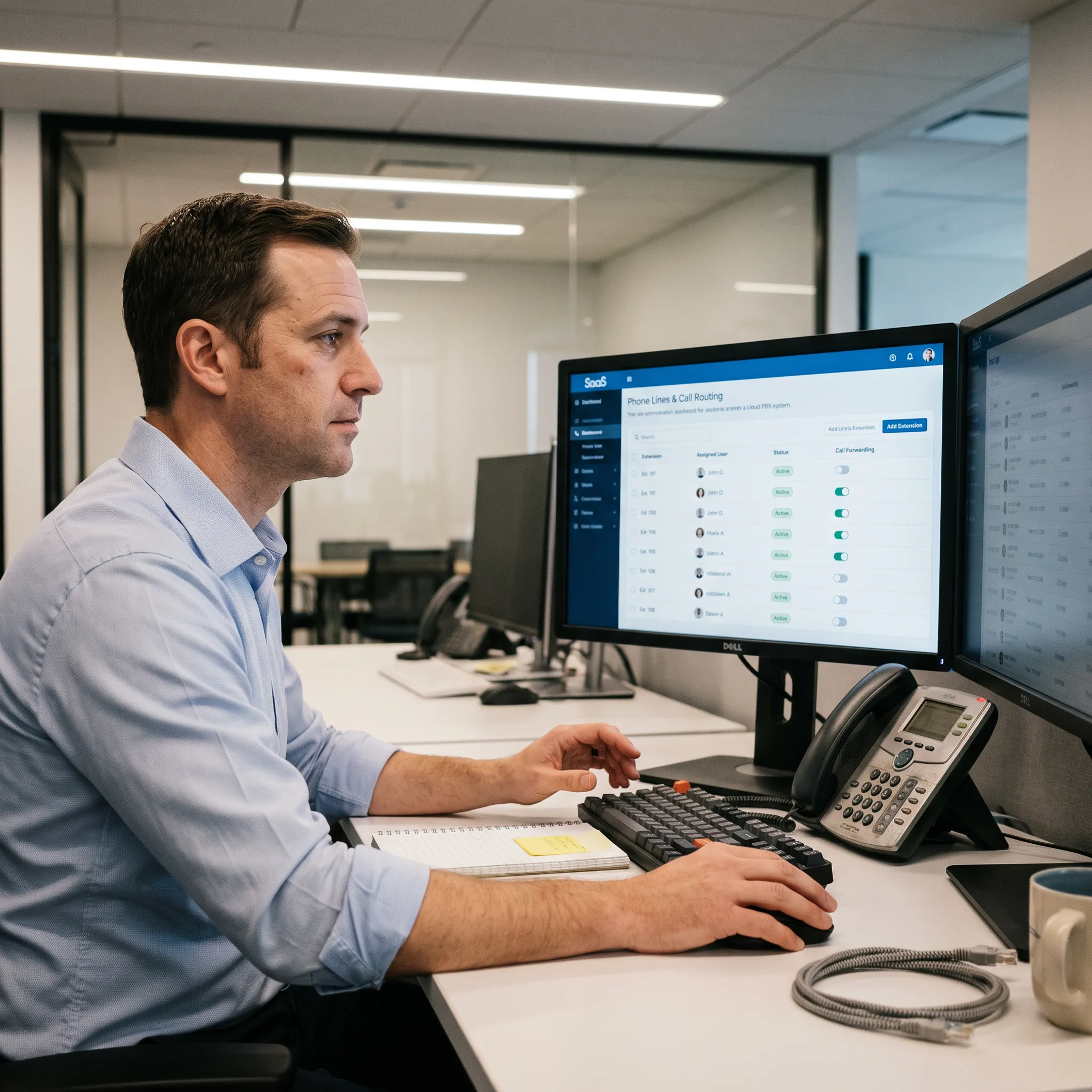 Cloud telecommunications dashboard showing call routing and business phone features