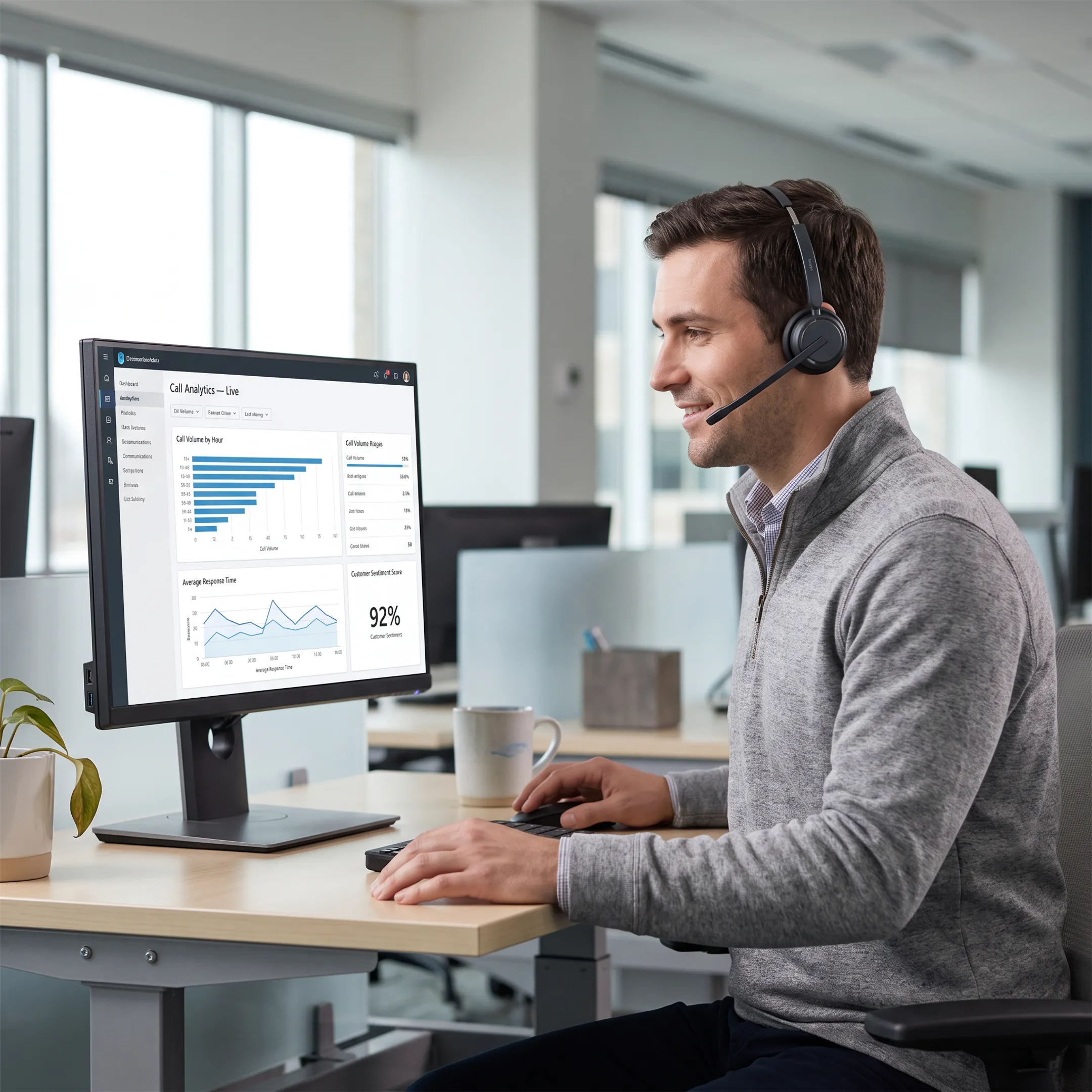 Business professional communicating using an enterprise VoIP telephone headset in a modern office