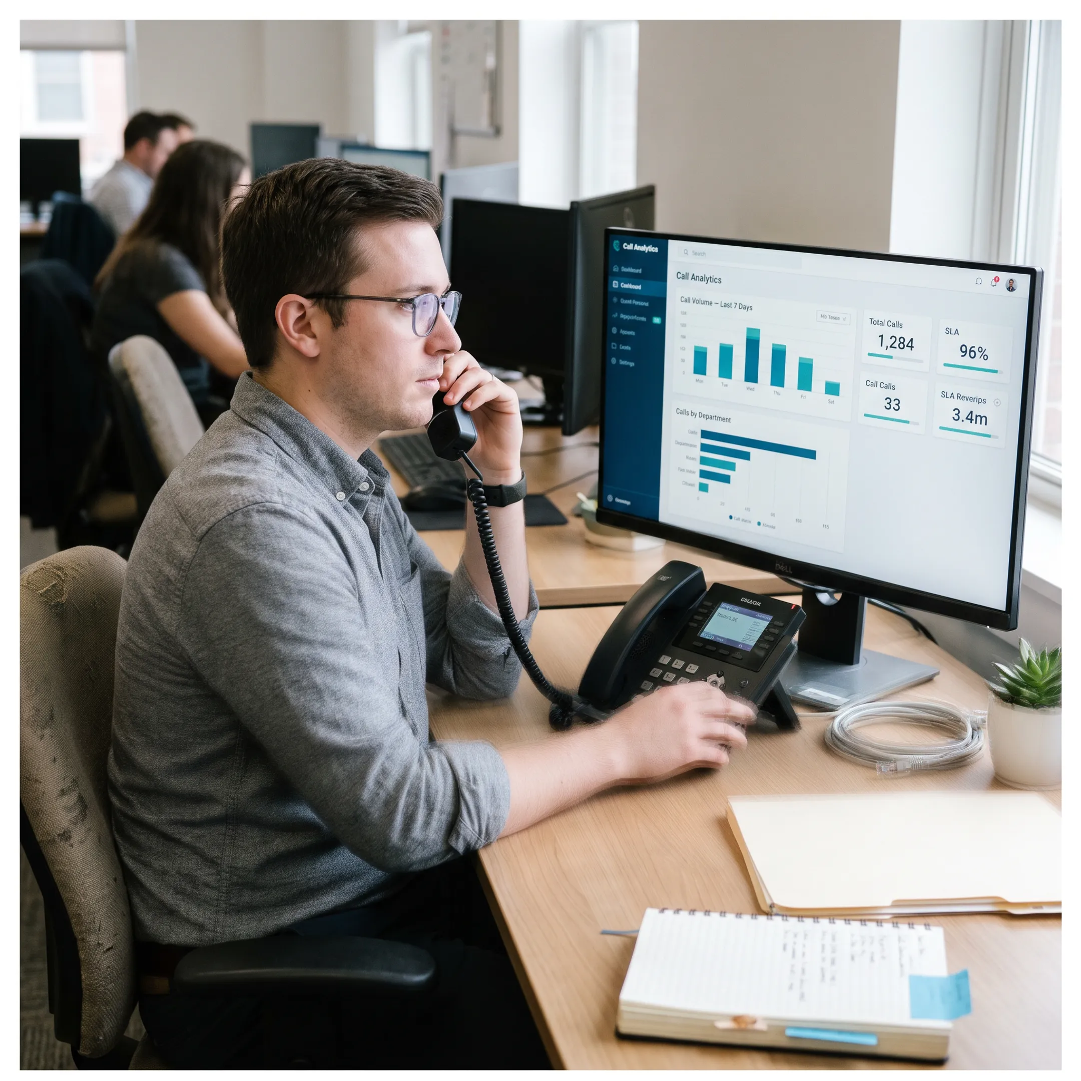 Business professional speaking on a VoIP desk phone while reviewing customer call records on an office computer