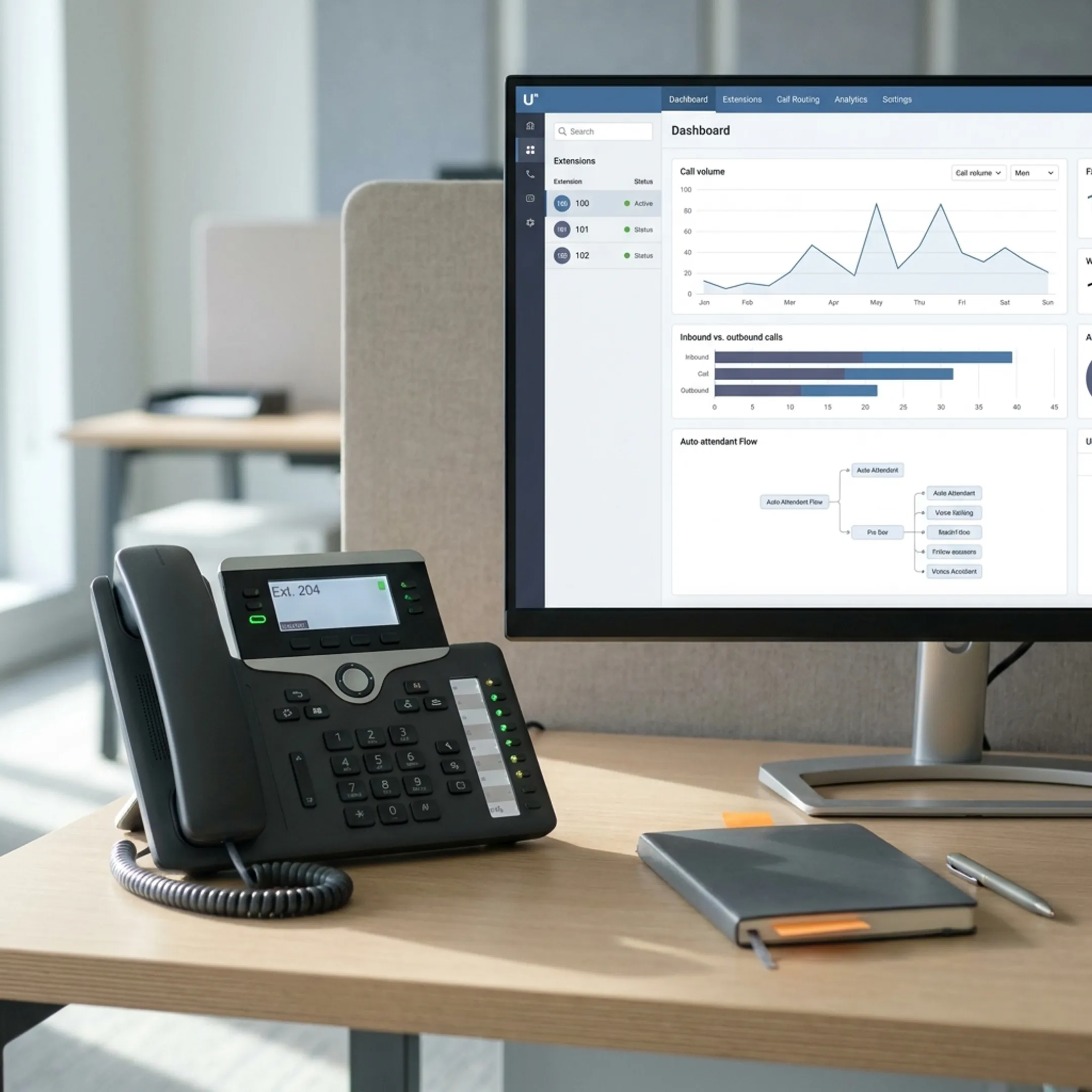 Business telecommunications dashboard and VoIP hardware setup