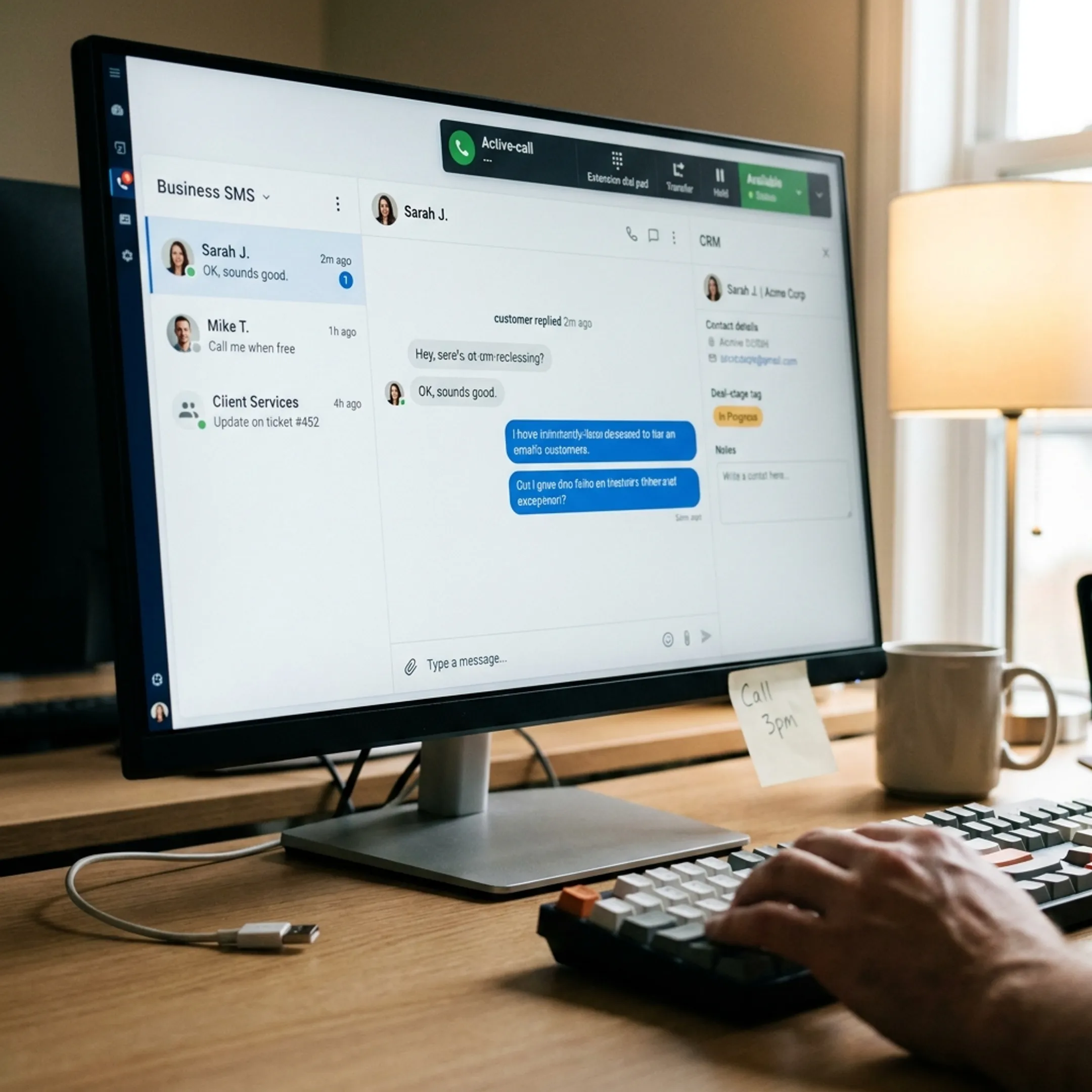 Modern cloud communications interface showing text messaging and phone analytics