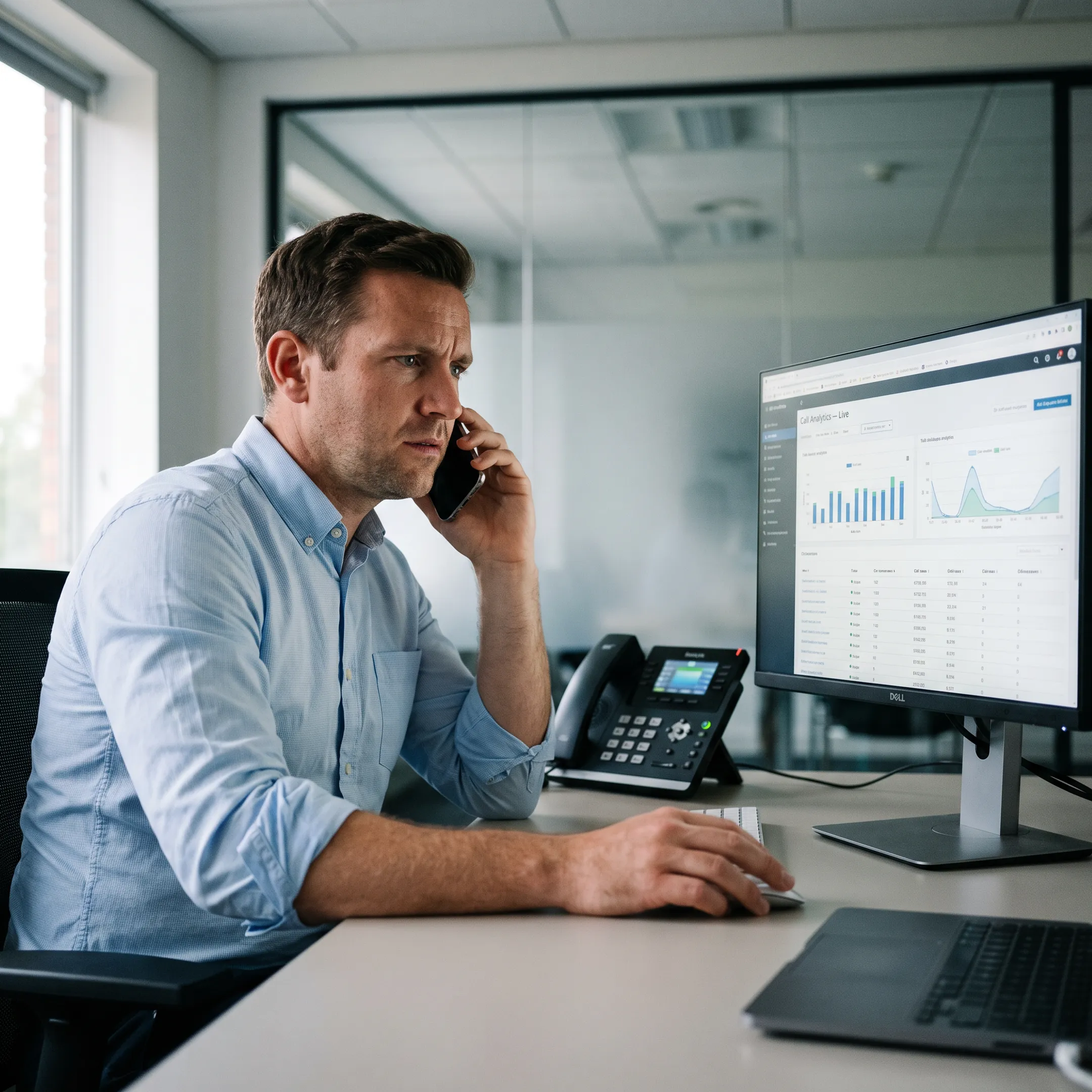 Business professional answering a forwarded customer call on a smartphone in a bright office