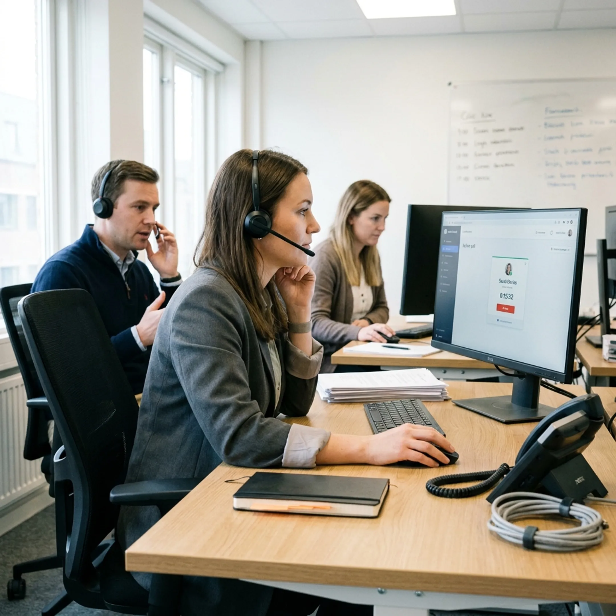 Corporate communications team collaborating using cloud-hosted VoIP headsets and software