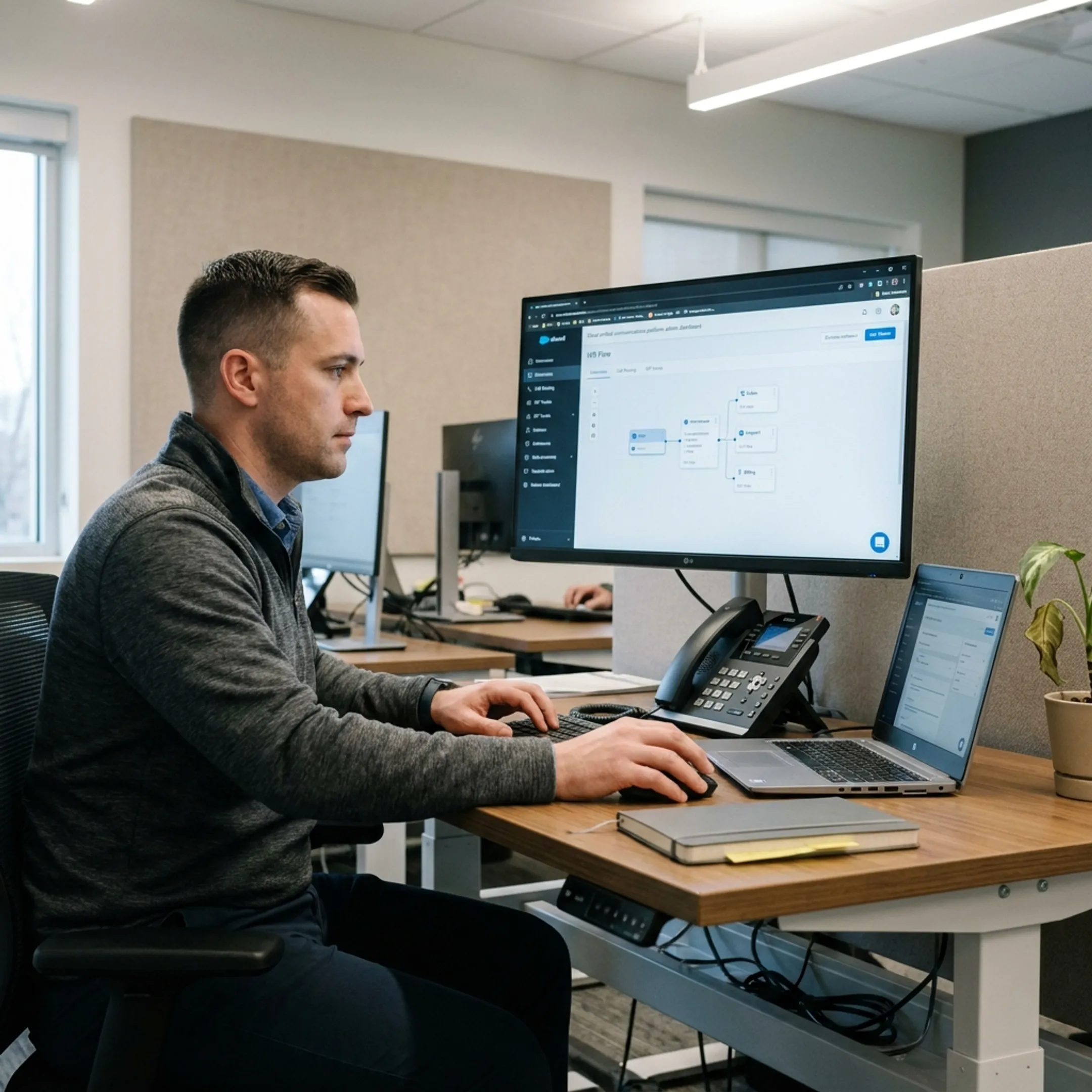 Telecommunications specialist managing business cloud PBX routing interface on laptop