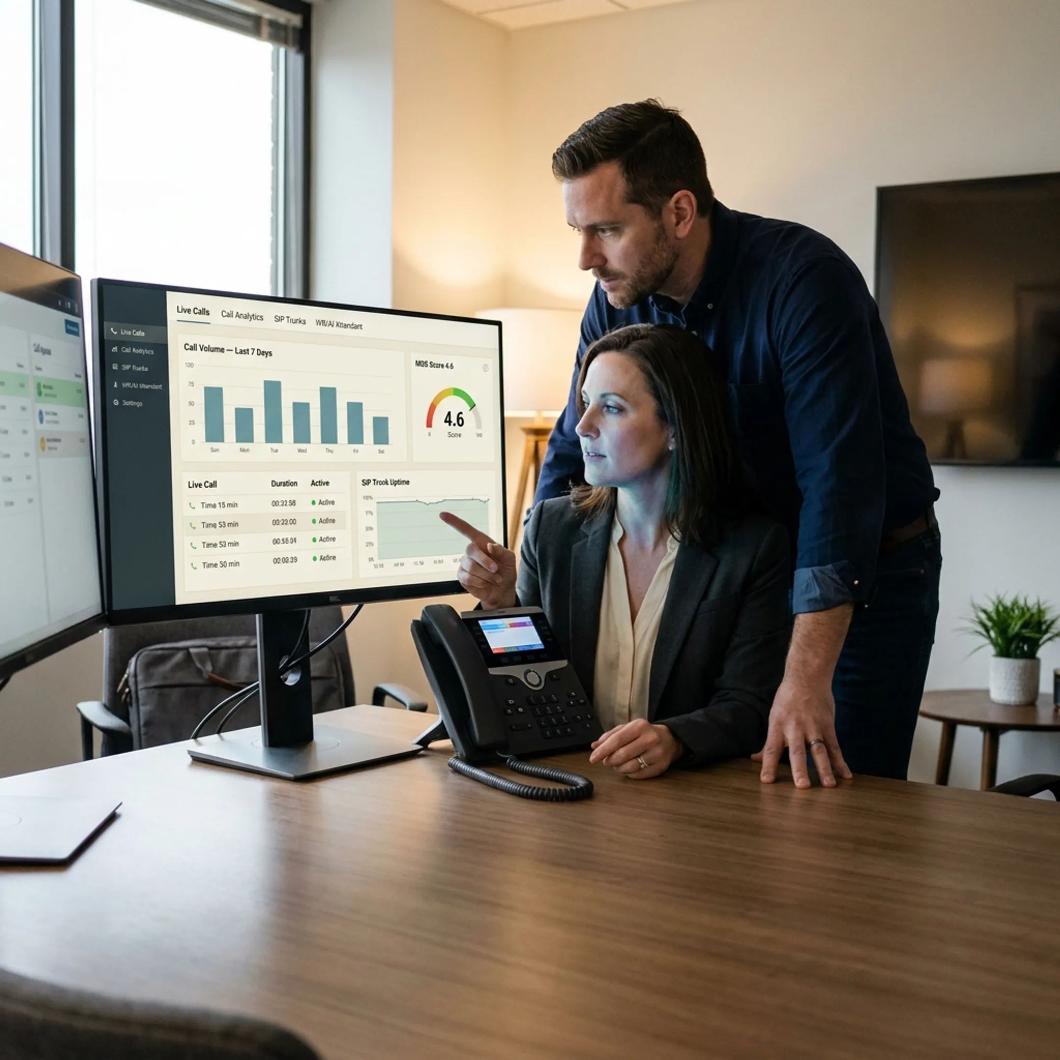 Professional business team utilizing cloud VoIP phone systems