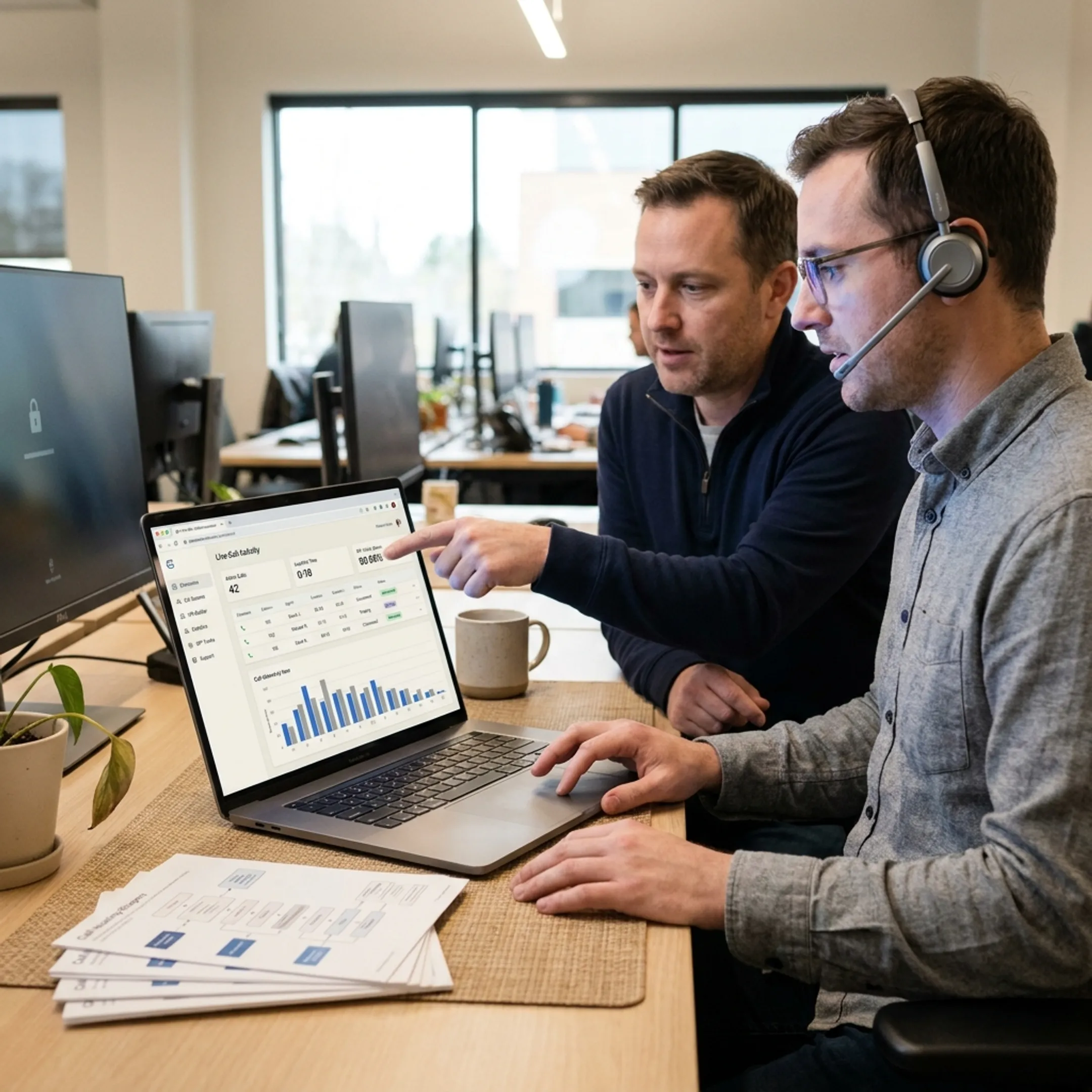 Business professional communicating using cloud VoIP platform on laptop and headset