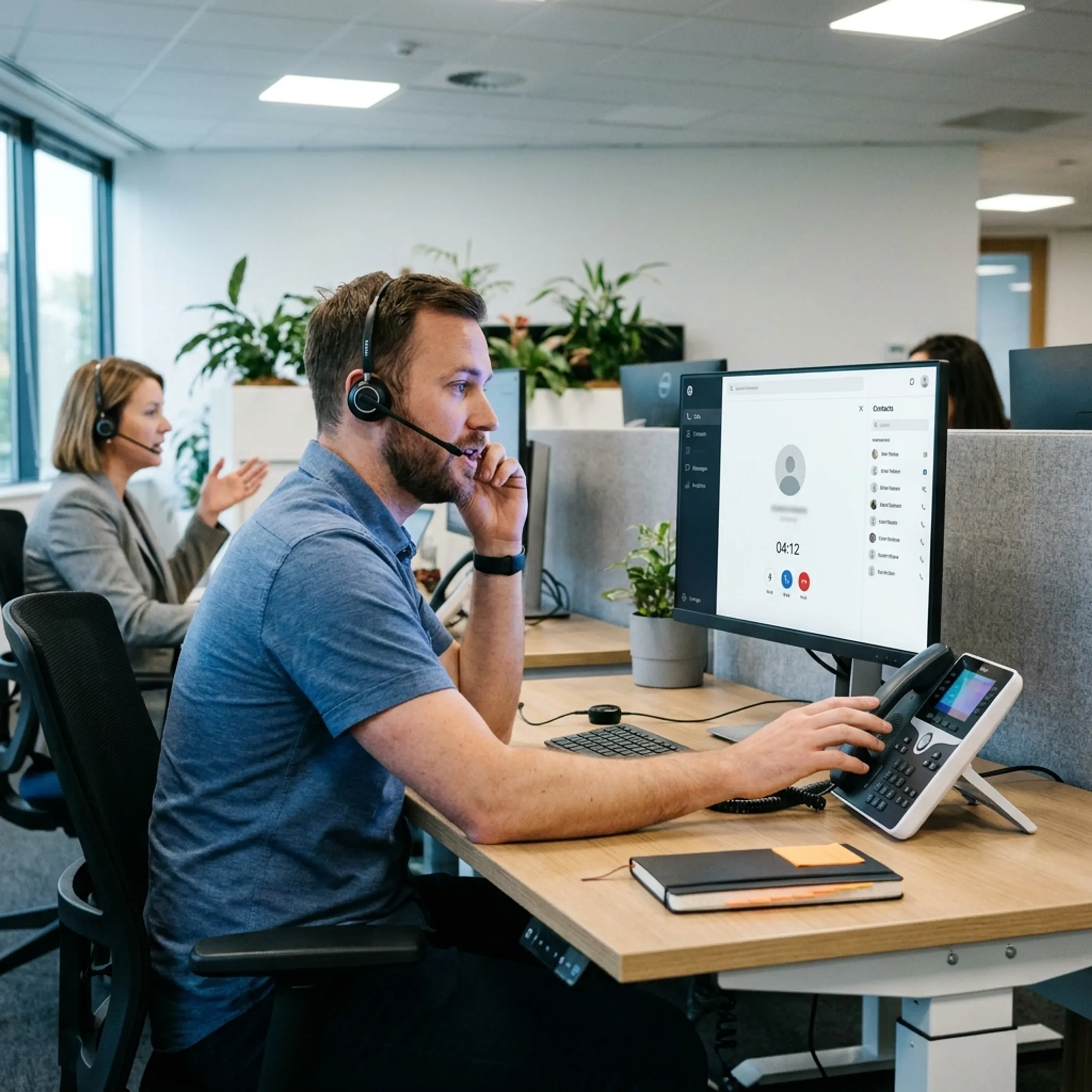 Professional team utilizing cloud phone systems in a modern office