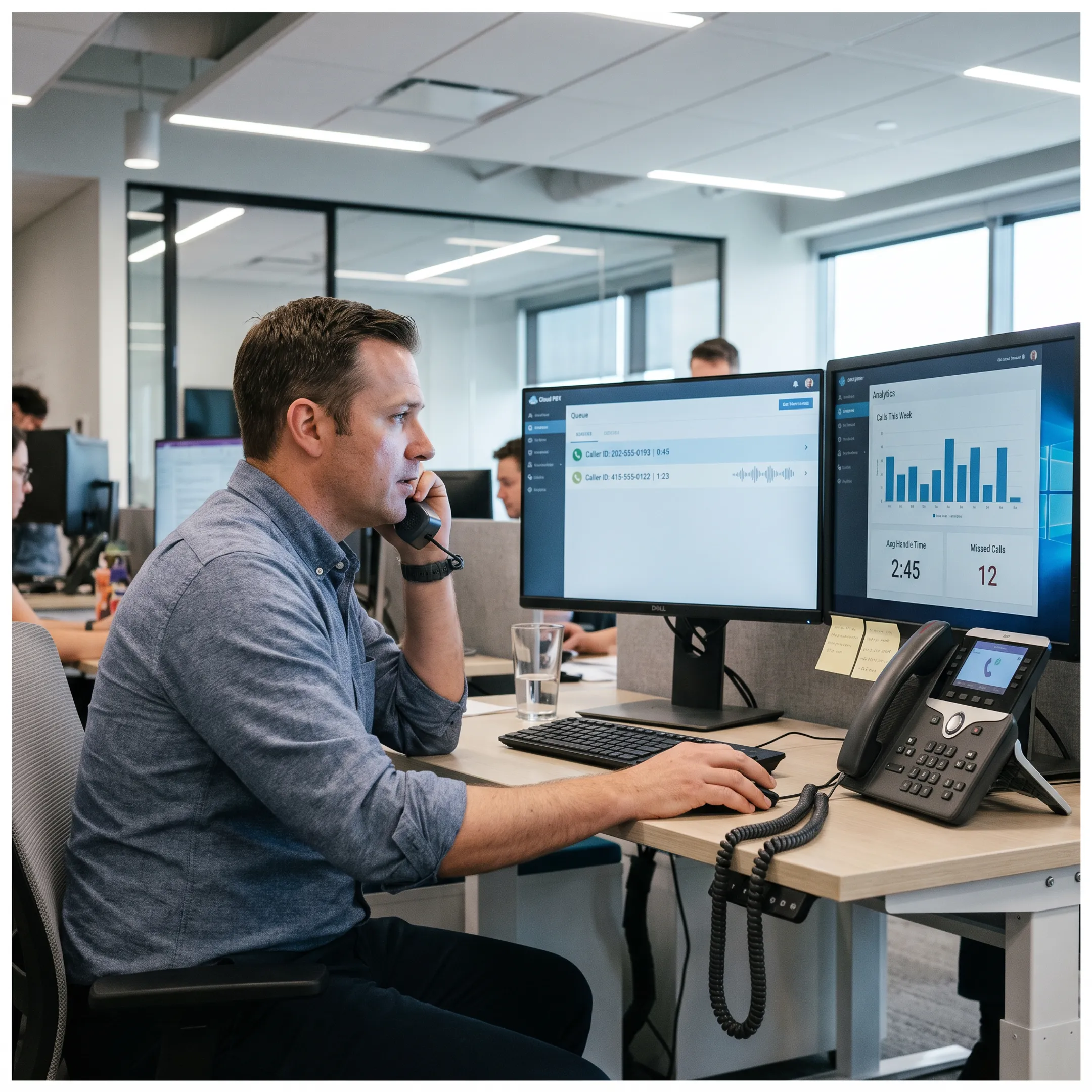 Business professional using a cloud VoIP phone in a modern office