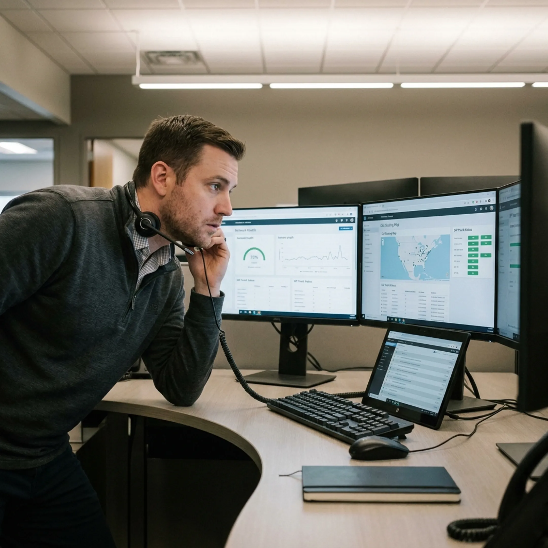 Network engineer reviewing VoIP voice termination routing metrics