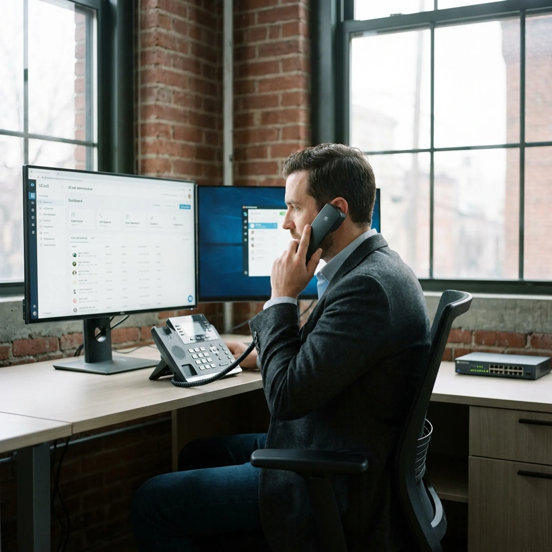 Cloud VoIP desk phone and computer monitor in a modern office
