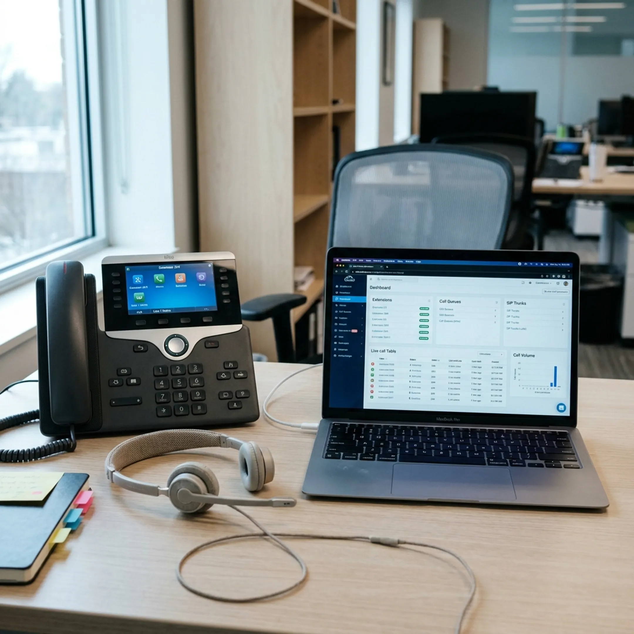 Modern office workspace with multi-line business phone system and cloud VoIP dashboard
