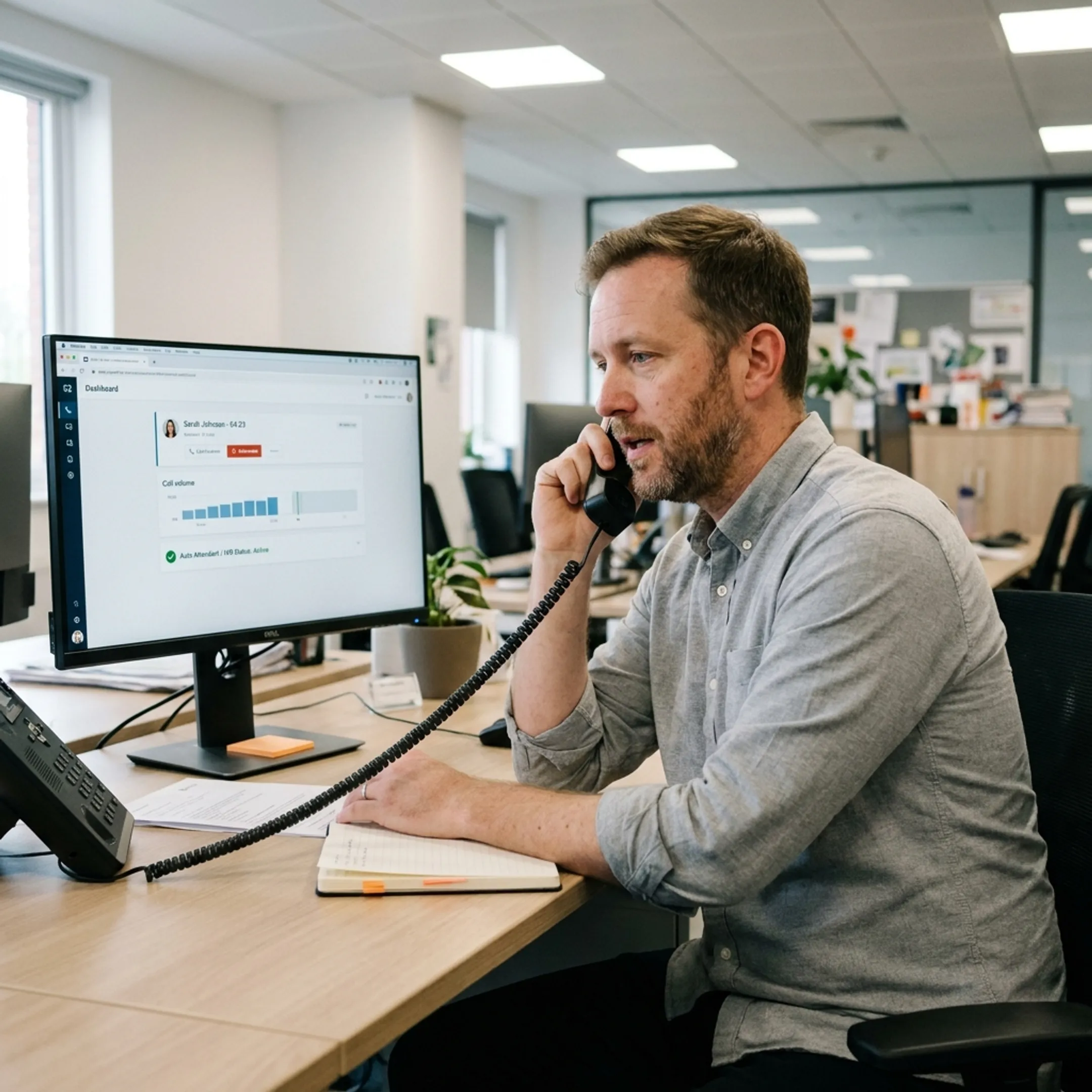 Business professional communicating using an enterprise desktop VoIP phone.