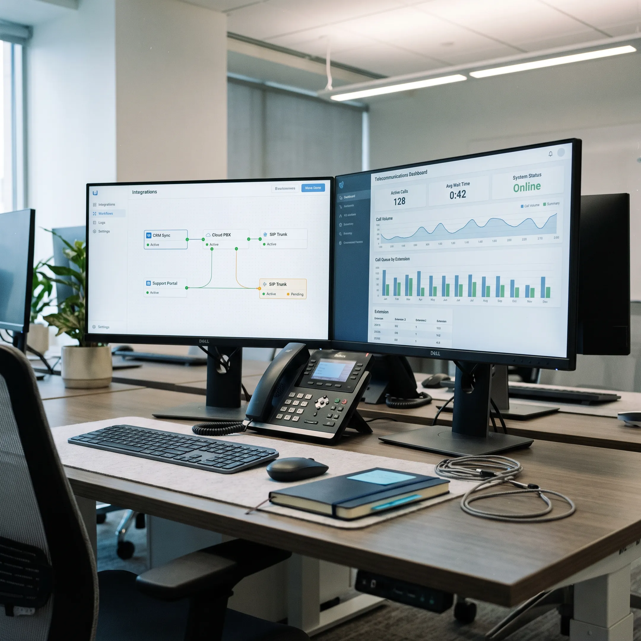 Modern office workstation displaying unified communications software integration on monitors