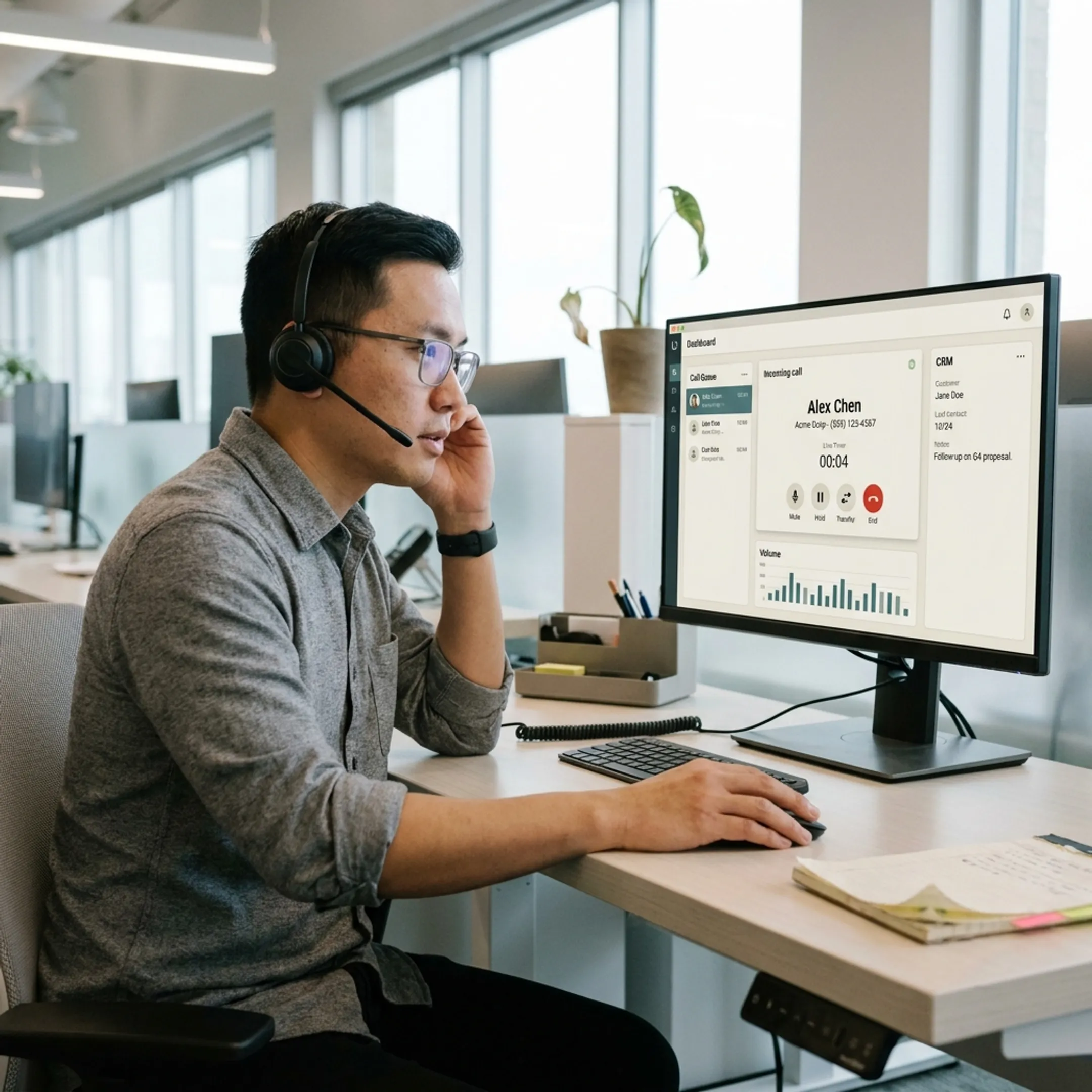 Business professional communicating using a cloud PBX system headset