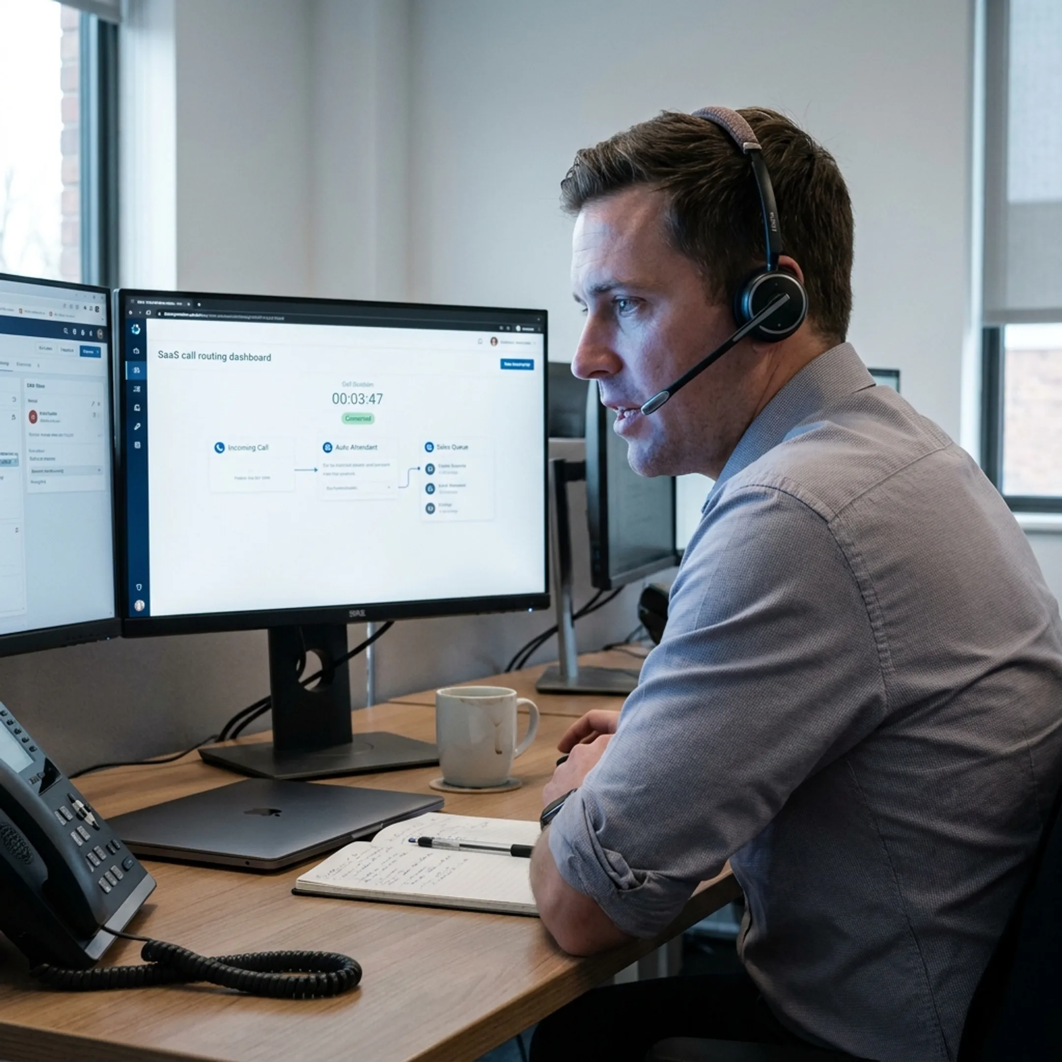 Corporate professional using a unified communications software dashboard on a computer