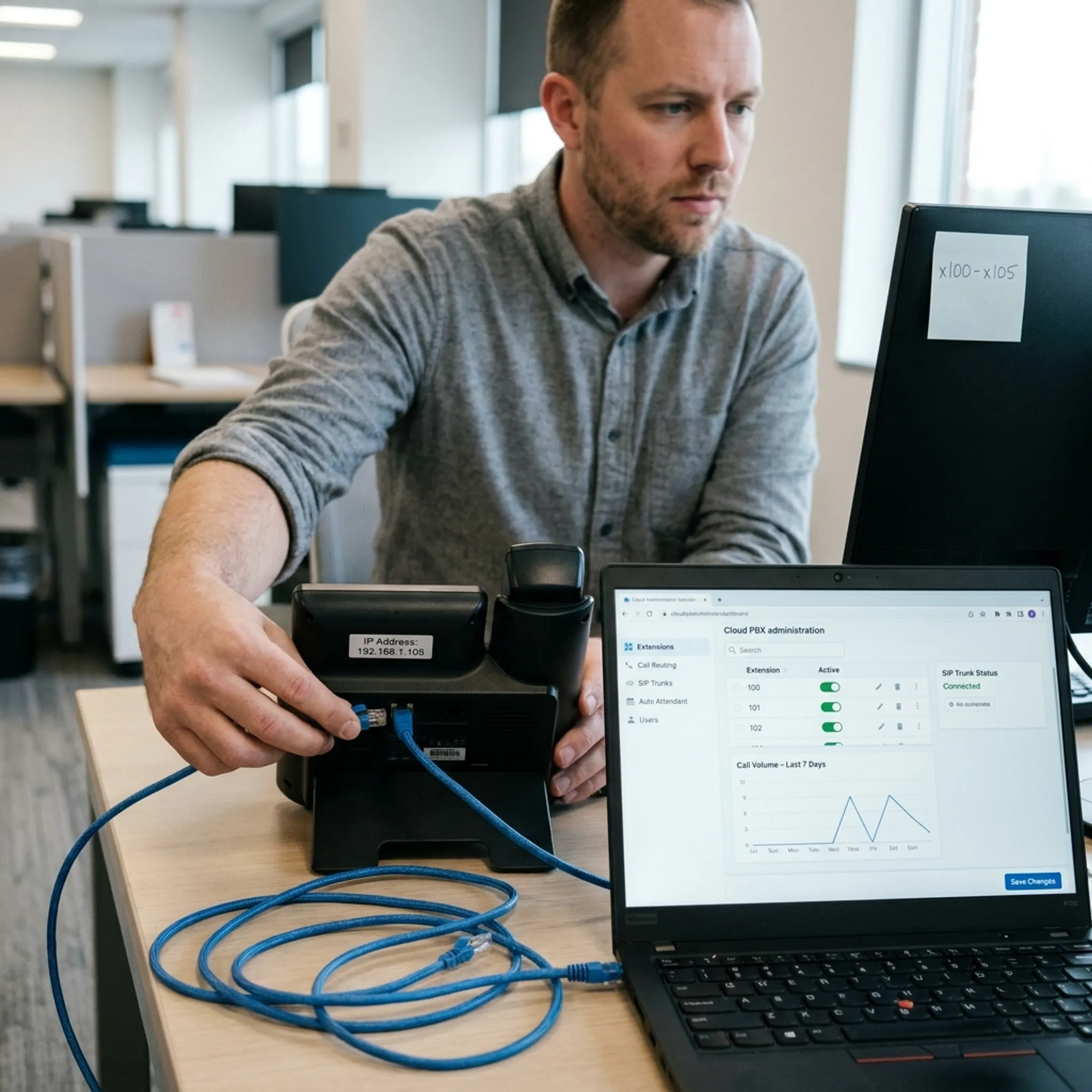 Telecommunications engineer configuring VoIP office communicators and network switches