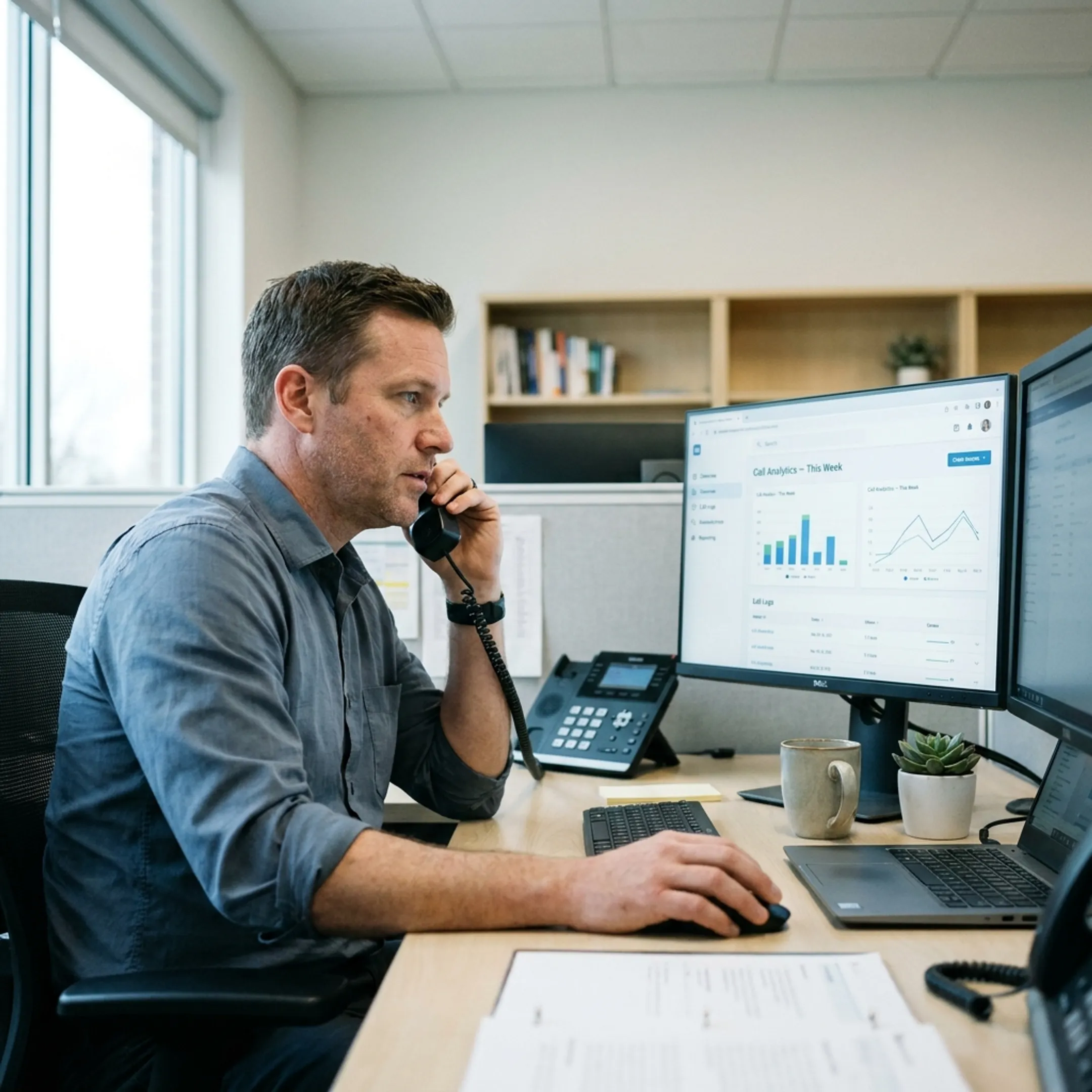 Business professional communicating via modern VoIP phone in office