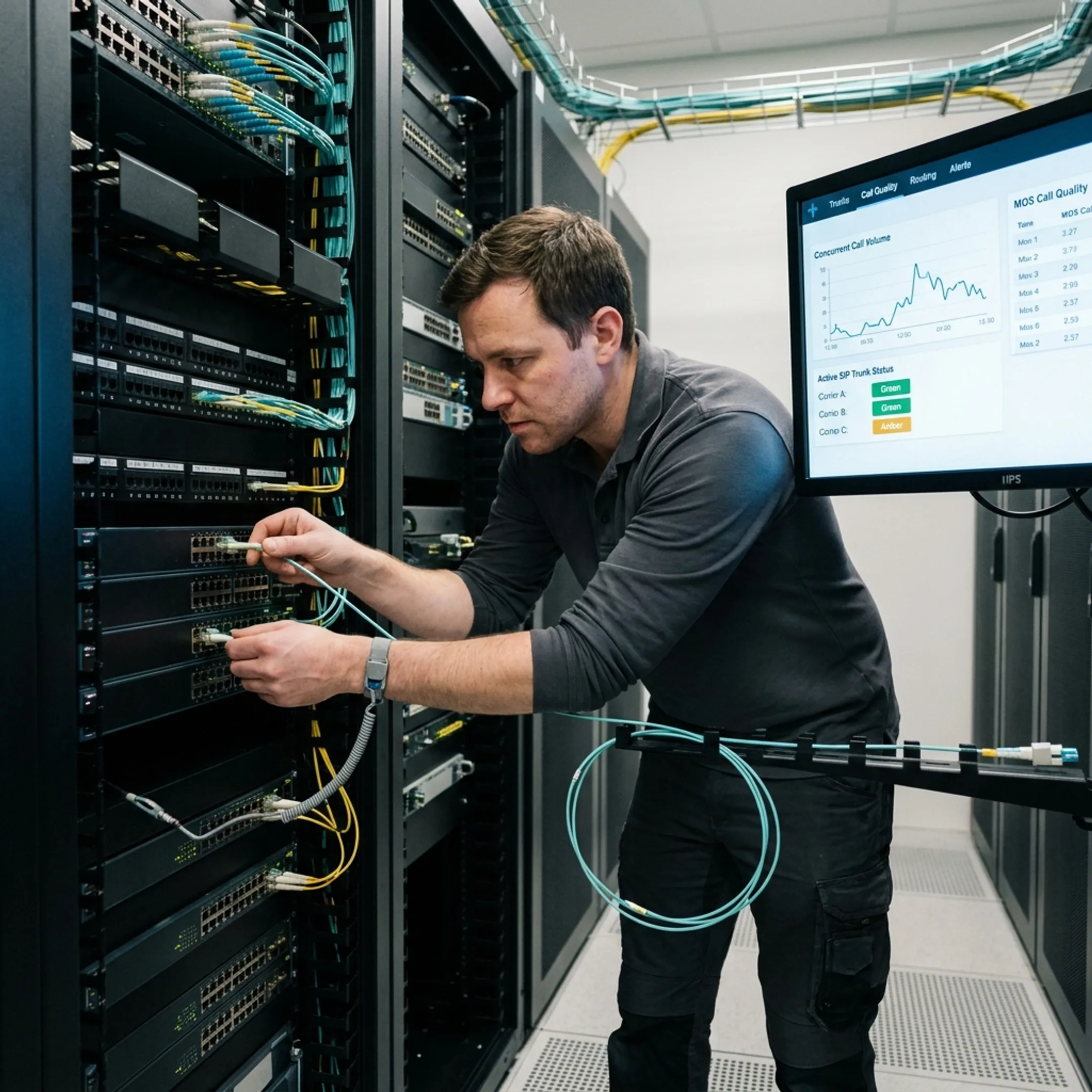 Telecom network technician configuring high-speed digital trunking lines.
