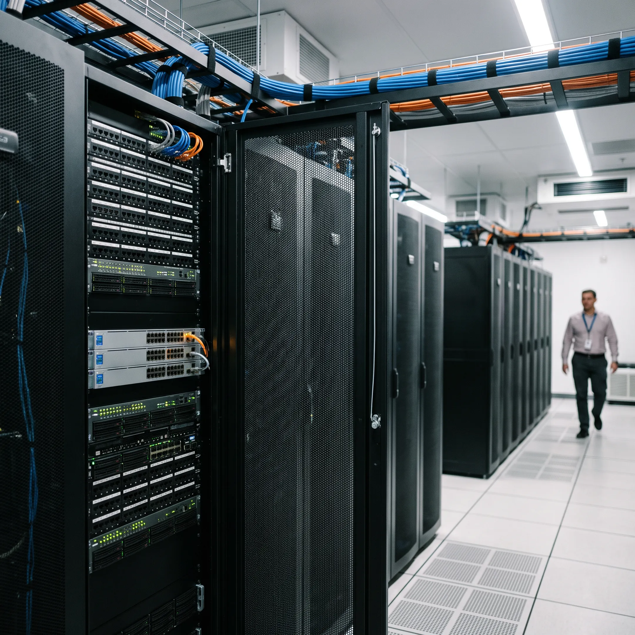 Data center server rack powering SIP trunking network solutions.
