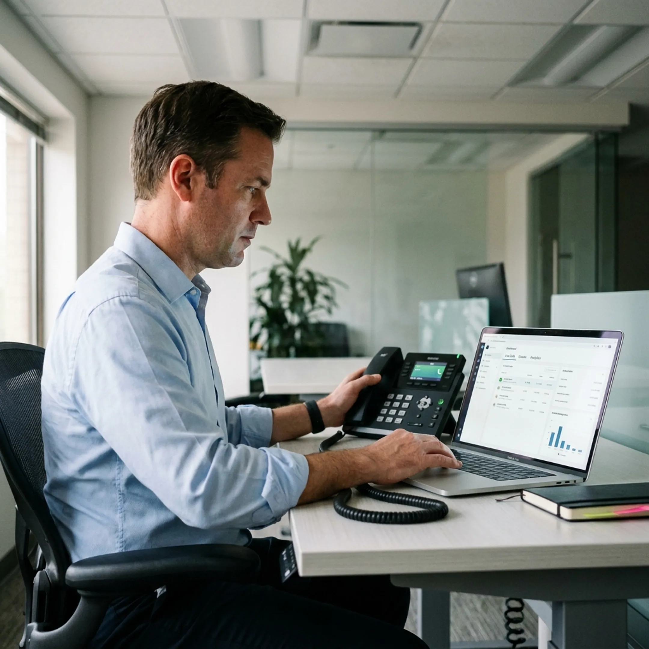 Business professional handling calls on a modern VoIP phone terminal