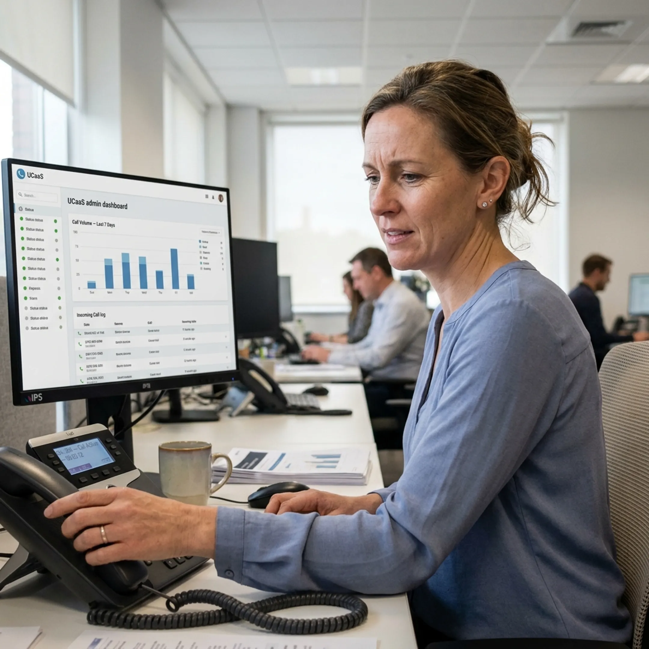 Business professional managing inbound calls on cloud VoIP telephone system