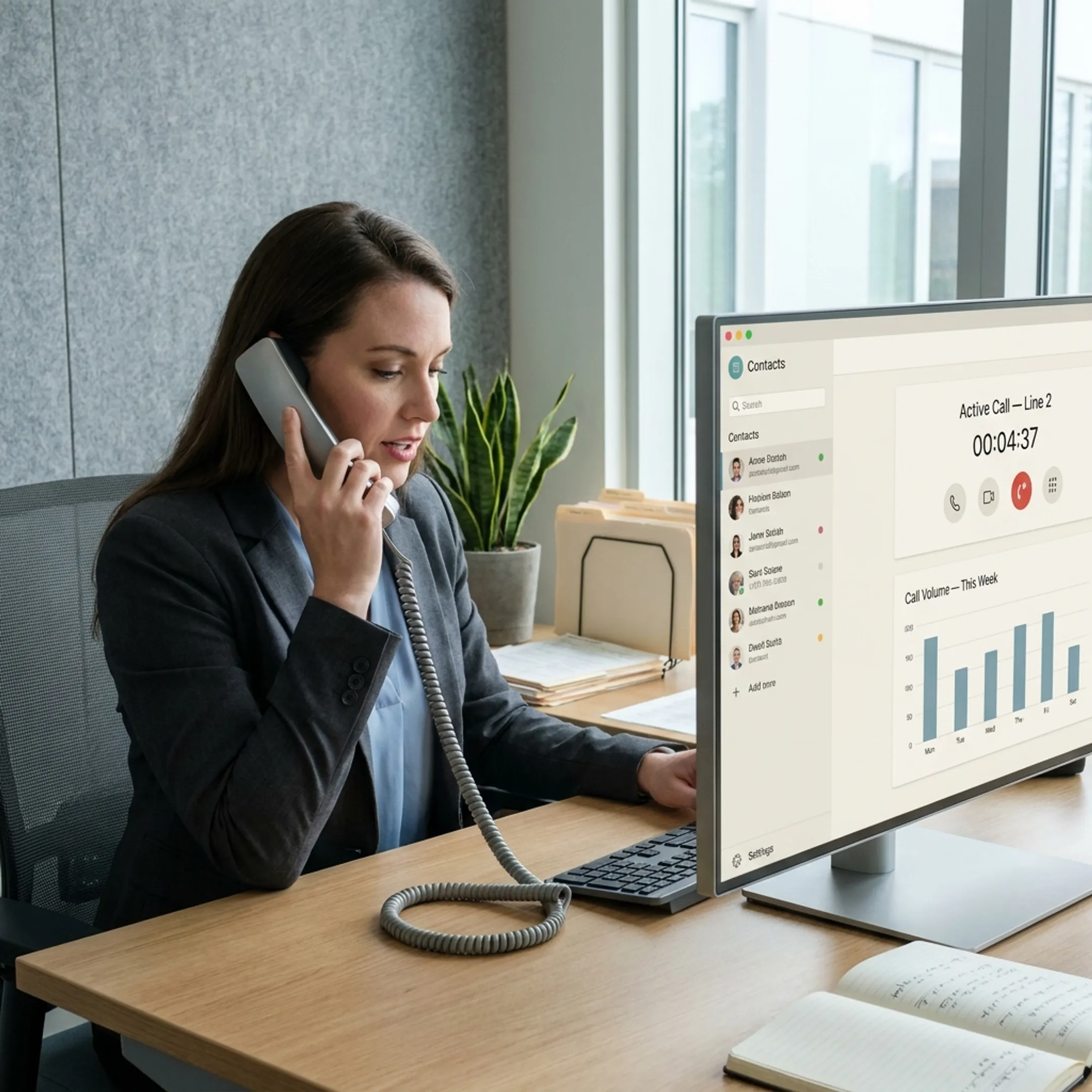 Business professional using a modern VoIP telephone interface