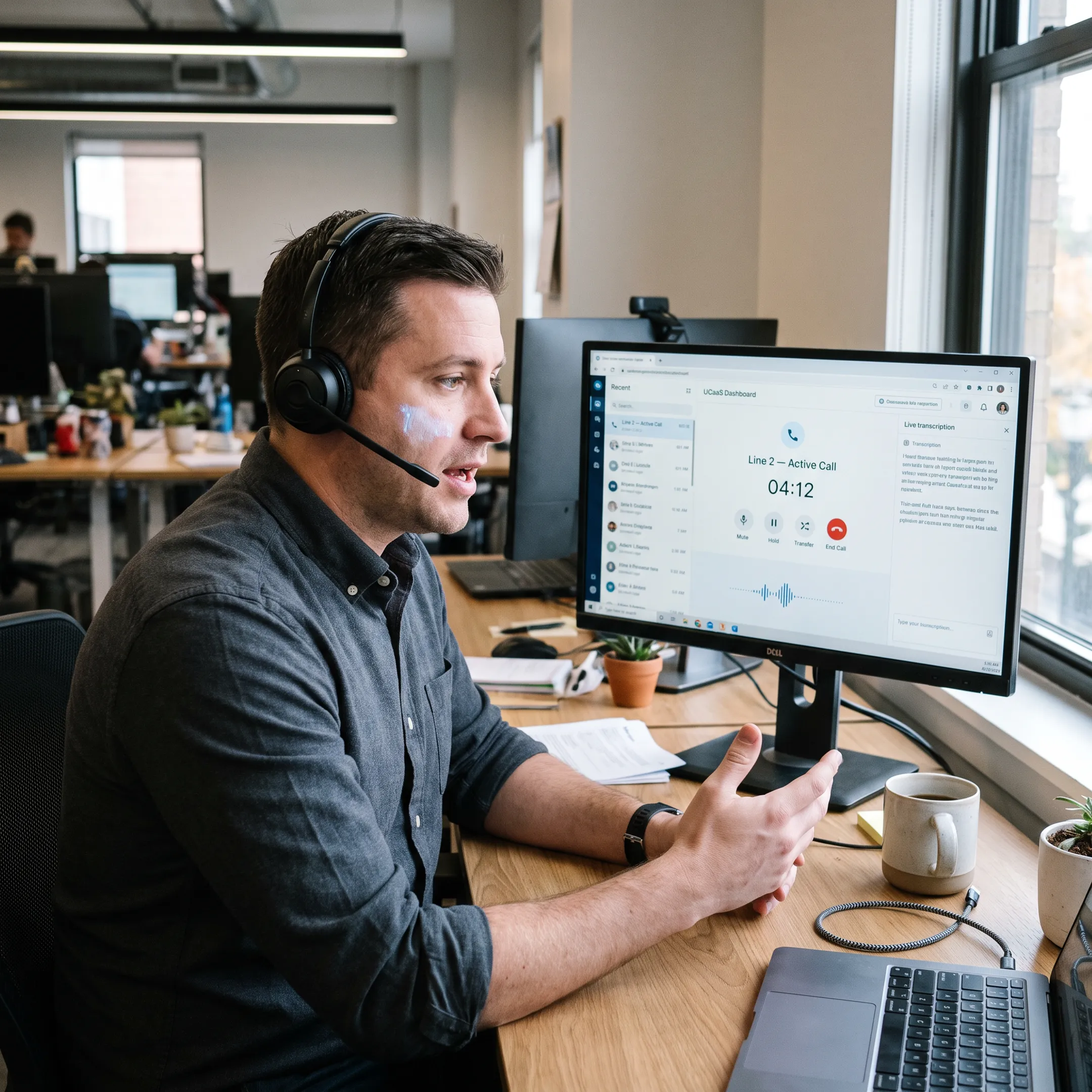 Professional using computer phone software for business calls