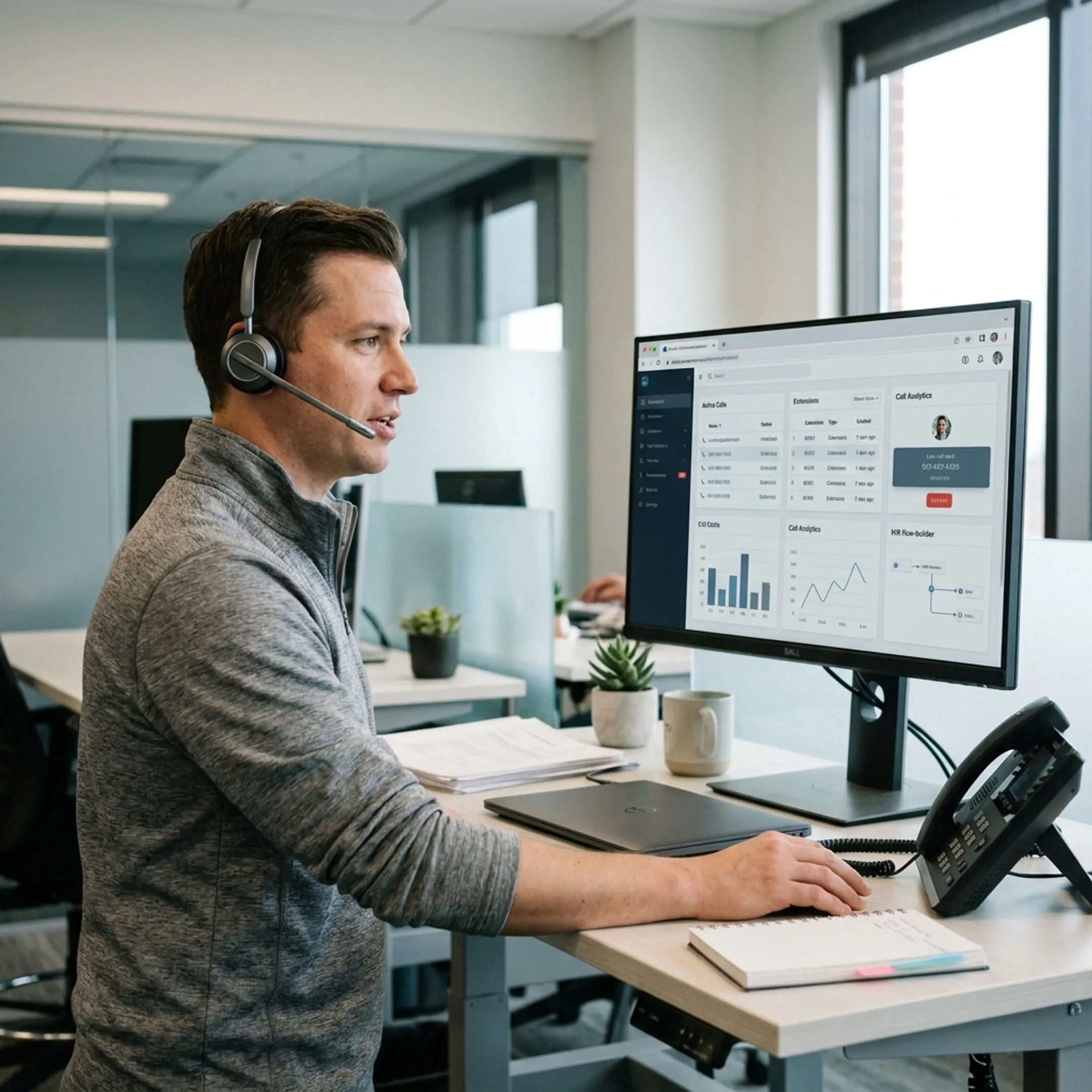 Business professional communicating using a hosted VoIP cloud system