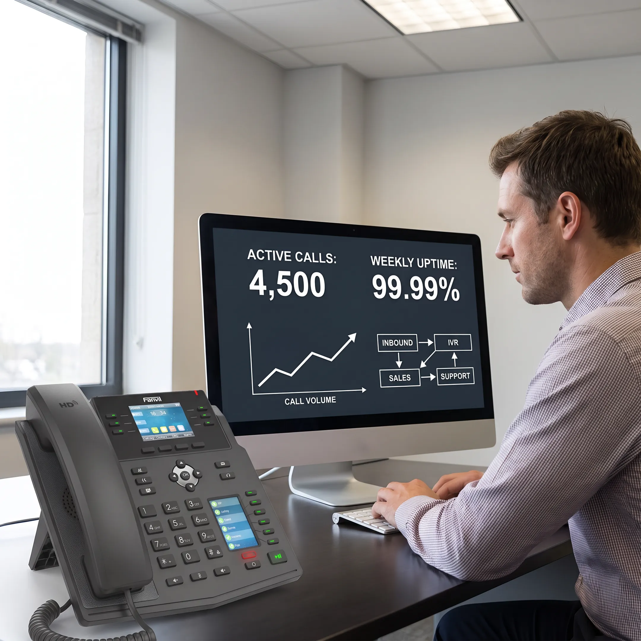 Business professional configuring virtual PBX dashboard settings on a computer