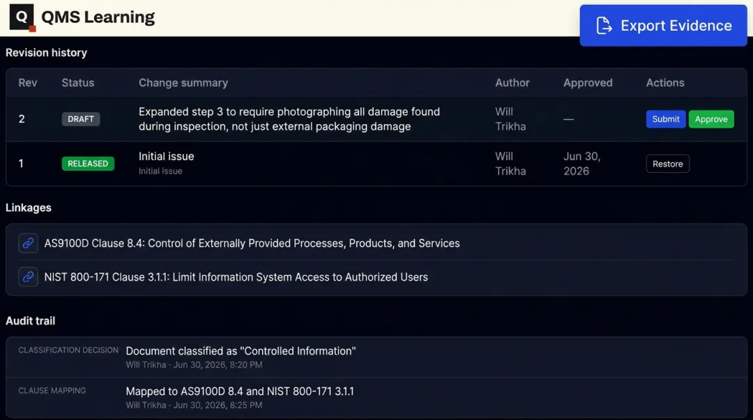 QMS Learning Document Management System audit trail and evidence export dashboard