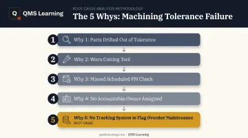 Five Whys causal chain example tracing machining tool wear failure