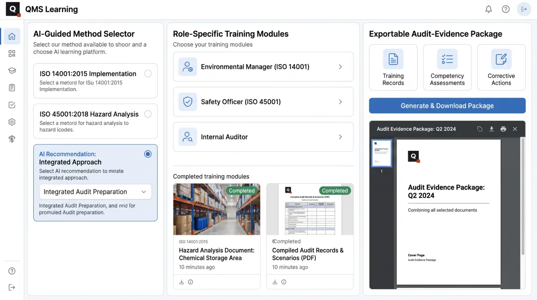QMS Learning platform interface showing AI-guided EHS audit documentation