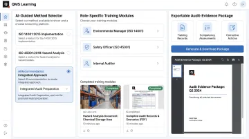 QMS Learning platform interface showing AI-guided EHS audit documentation