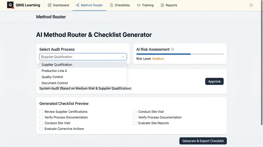 QMS Learning AI Workbench Method Router audit approach selection interface