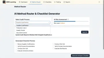 QMS Learning AI Workbench Method Router audit approach selection interface