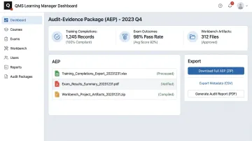 QMS Learning Manager Dashboard displaying audit-evidence package exports and training metrics