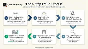 6-step FMEA process flow from team assembly to RPN prioritization