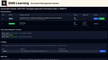 QMS Learning Document Management System interface showing version control and audit trail