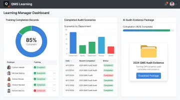 QMS Learning Manager Dashboard displaying training records and audit evidence