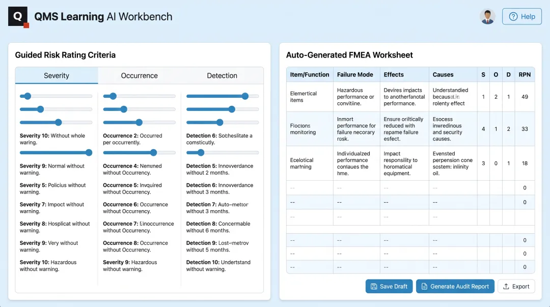 QMS Learning AI Workbench interface generating FMEA worksheet automatically