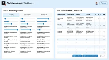QMS Learning AI Workbench interface generating FMEA worksheet automatically